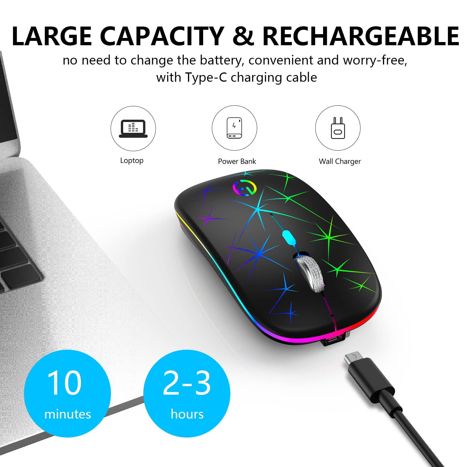 Taiyang Wireless Mouse, 2.4G Portable Optical Quiet Rgb Mouse With Usb Receiver And Type C Adapter, 3 Adjustable Dpi Levels, Wir