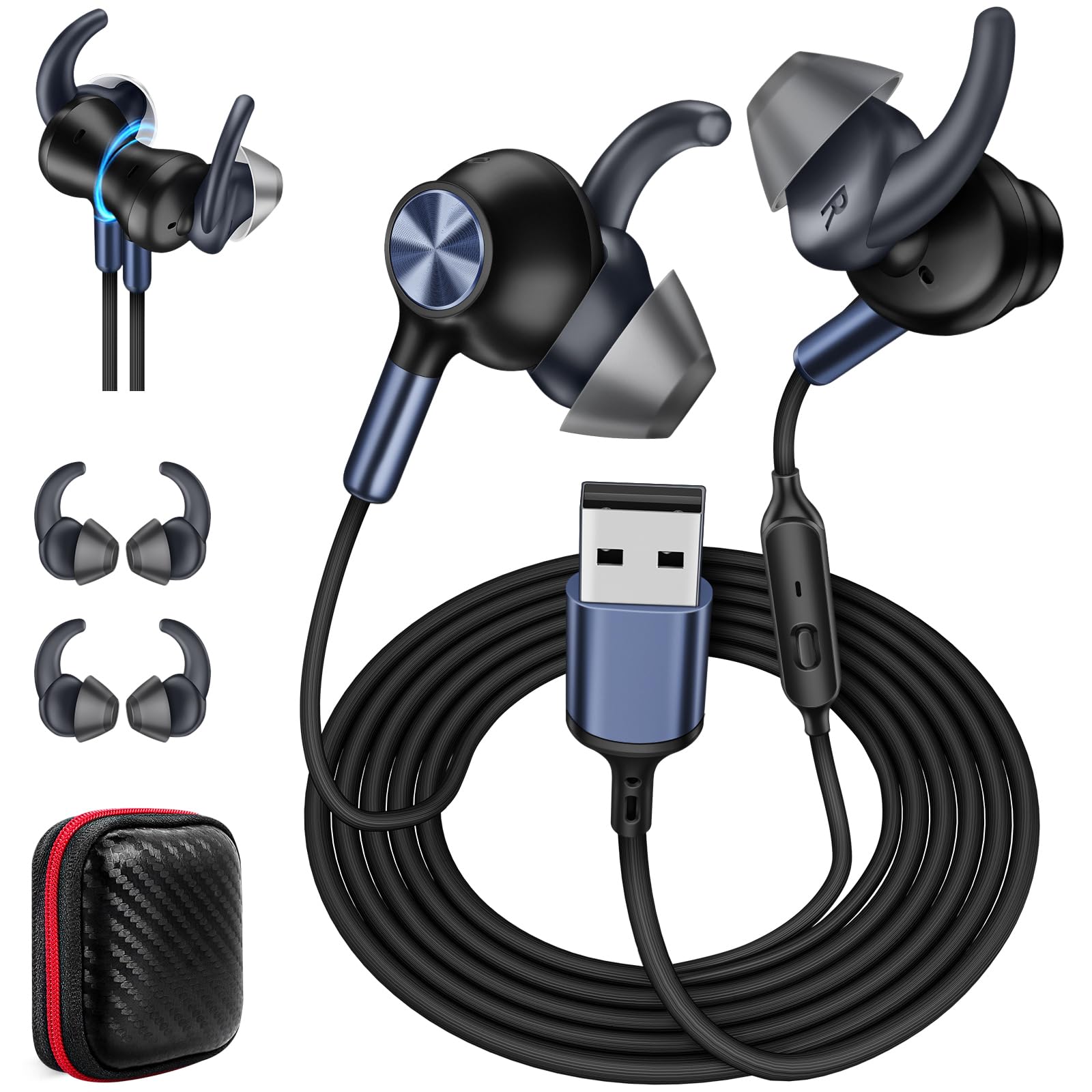 iMangoo USB Wired Headphones for PC Laptop Computer, 7.5FT Long Cord Magnetic Earbuds with Microphone, Lightweight for Home Offi