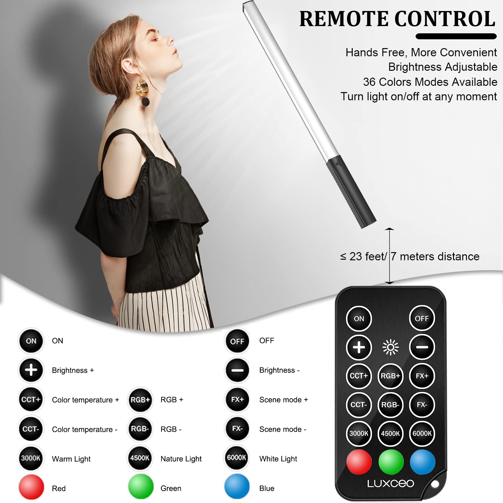 Portable Led Photography Light Wand, Luxceo Handheld Led Video Light 1000 Lumens Cri 95+ Usb Rechargeable With Remote Control, C