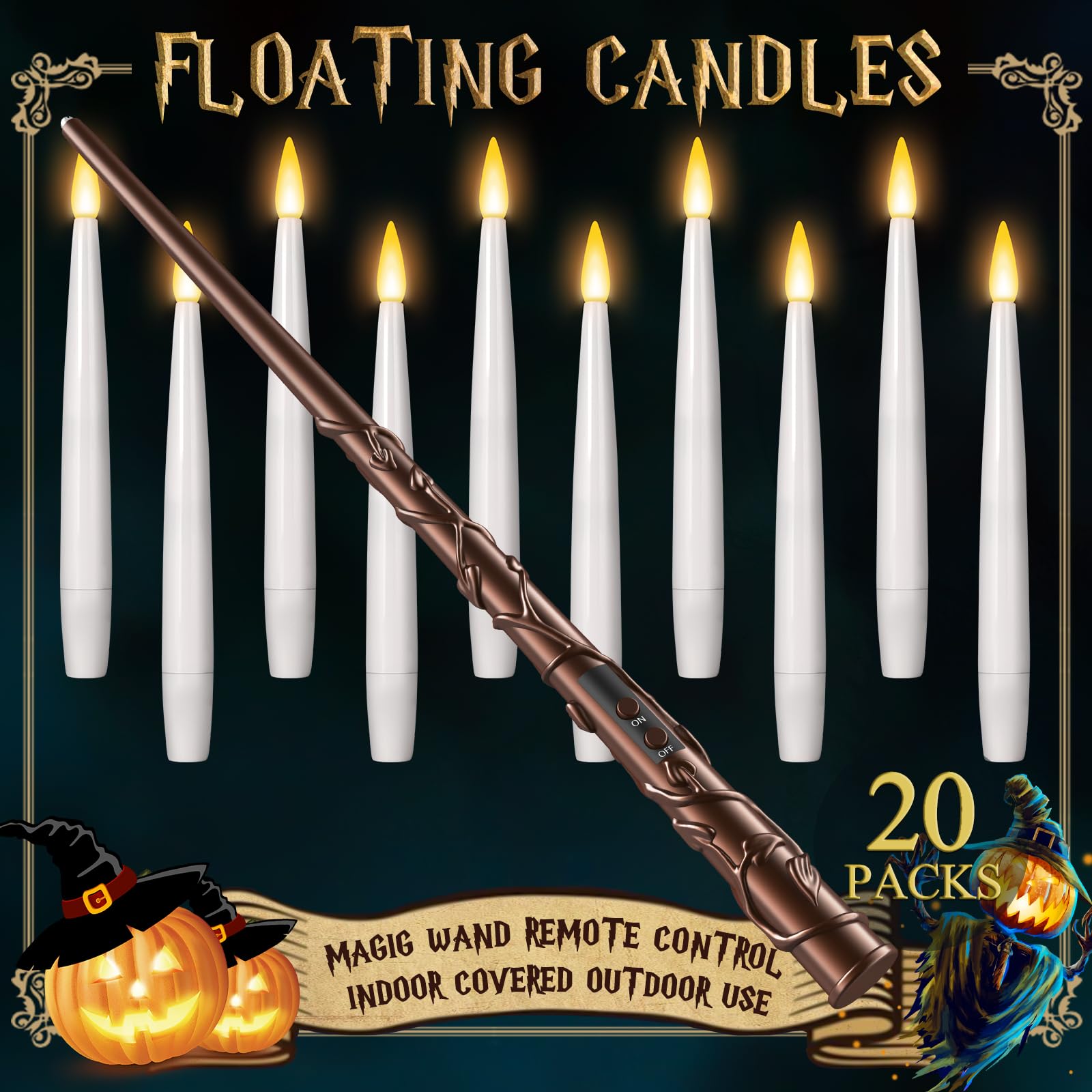 Tlpuhu Floating Candles With Wand 20Pcs   Halloween Decorations, Magic Hanging Candles With String Flickering Warm Light Led Fla