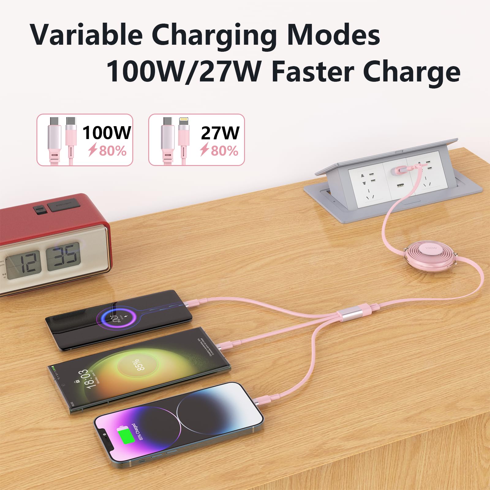 Usb C Retractable Multi 5 In 1 Usb A/Type C To Lightnning+Usb C+Micro Iphone Charging Cable,100W+27W+10W Pd Fast Multiple Charge