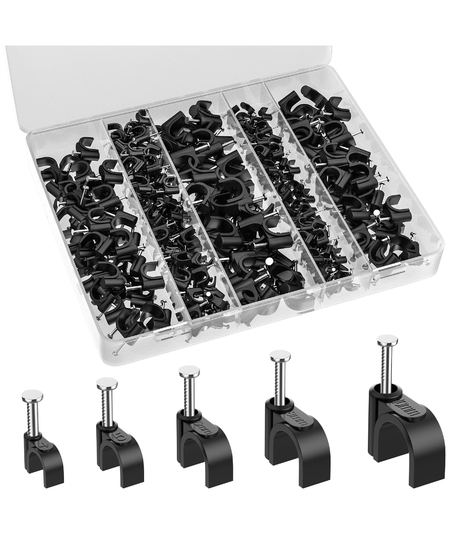 Bates  Cable Clips With Steel Nails, 360 Pcs, Black, 4Mm 5Mm 6Mm 8Mm 10Mm, Cord Clips For Wires On Wall, Cable Wall Clip, Wire W