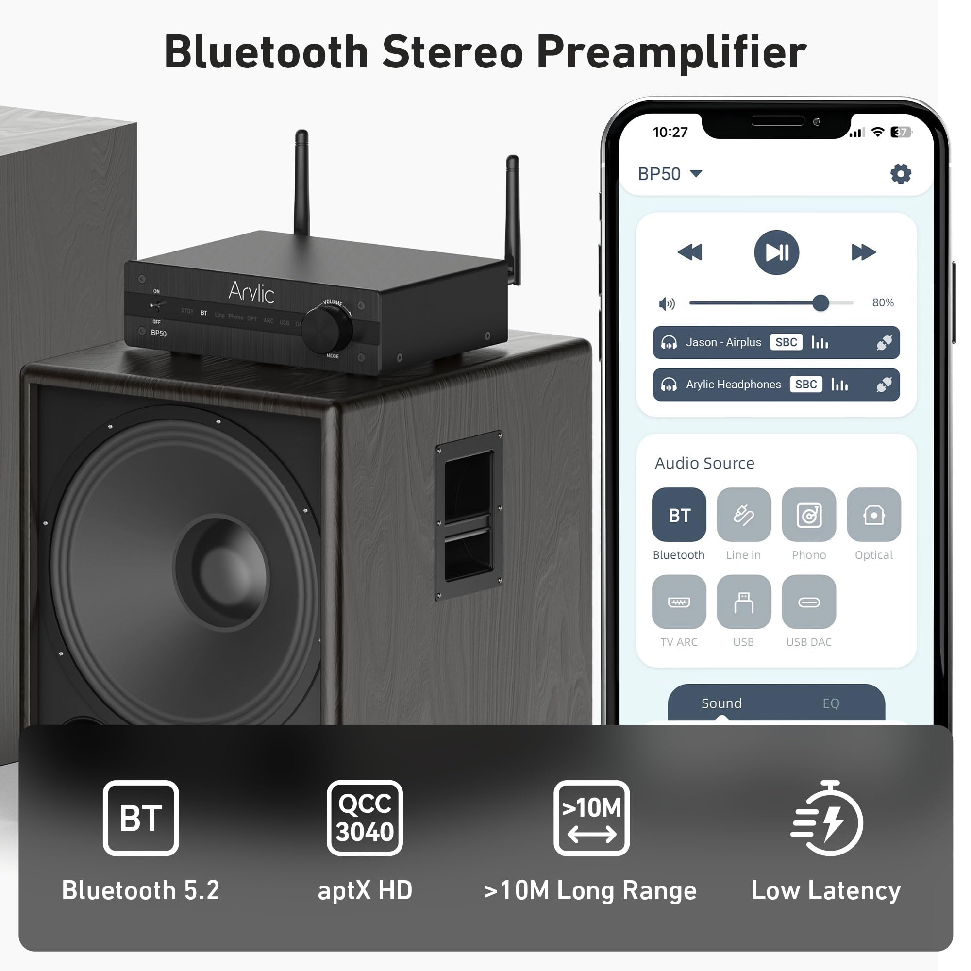 Arylic Bp50 Bluetooth 5.2 Aptx Home Audio Preamplifier With Hdmi Arc, Phono Input And Go Control App Audio Adapter With Dac, Rca