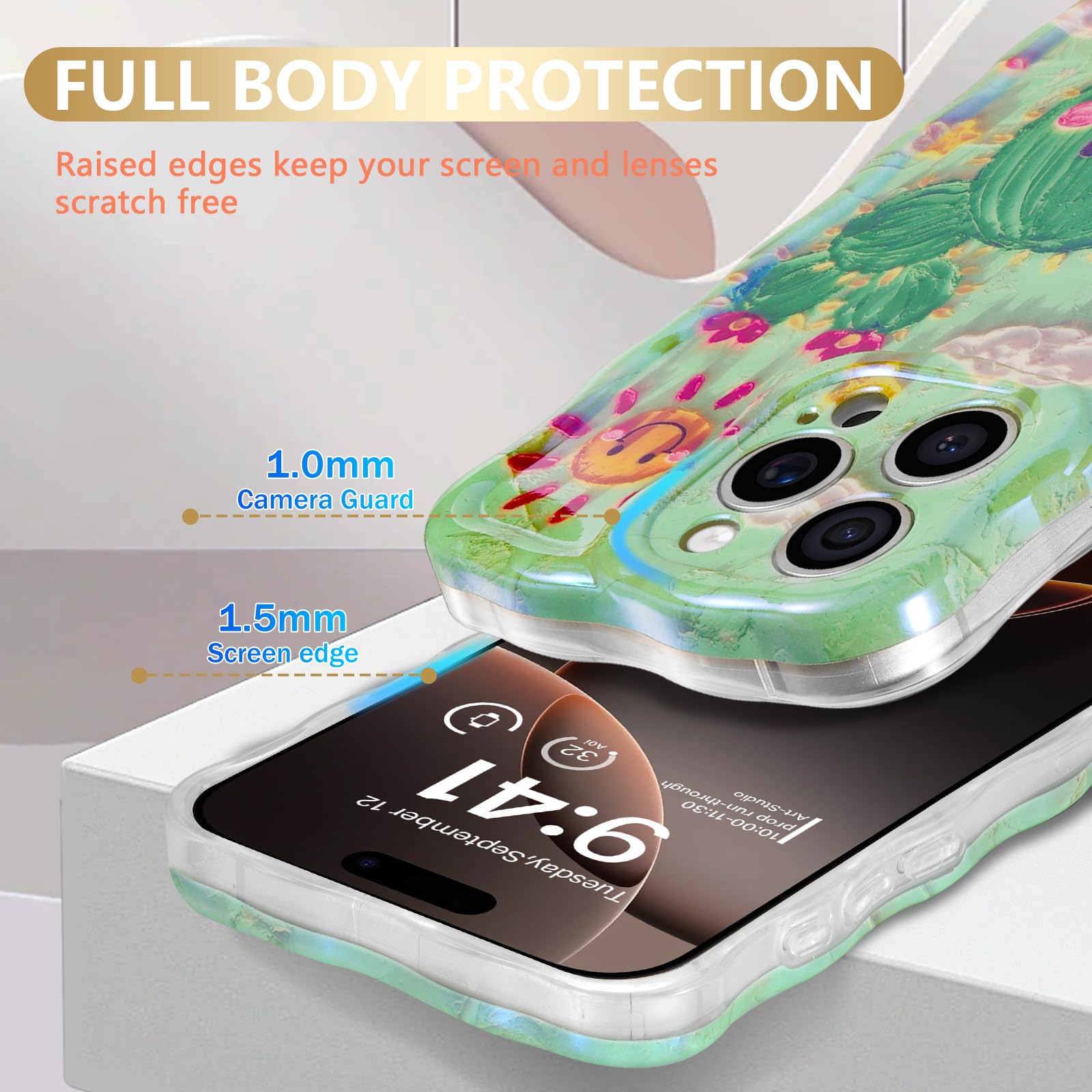 Sheheme For Iphone 12 Pro Case [With 9H Screen Protectors] Wave Bumper Colorful Oil Painting Flowers Print Blue Glossy Soft Tpu