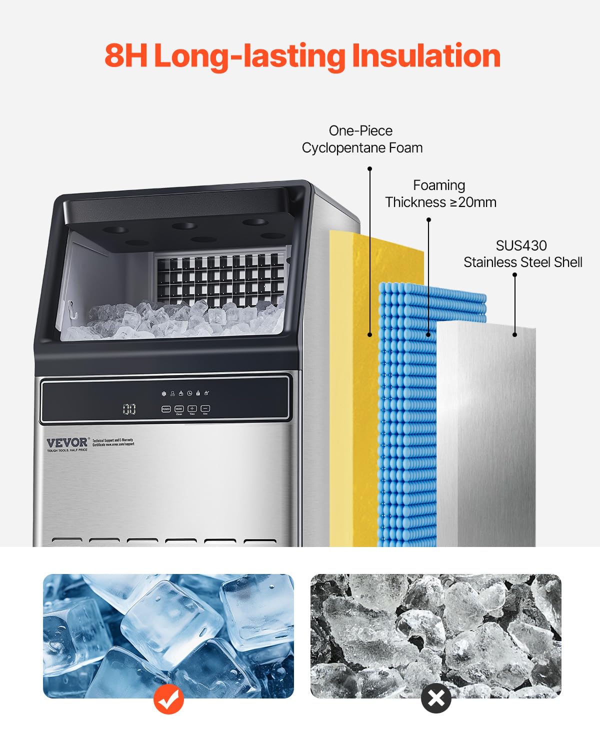 Vevor 110Lbs/24H Commercial Ice Maker Machine With Drain Pump, 33Lbs Storage Capacity Ice Maker, 50 Ice Cubes In 15 Minutes, Led