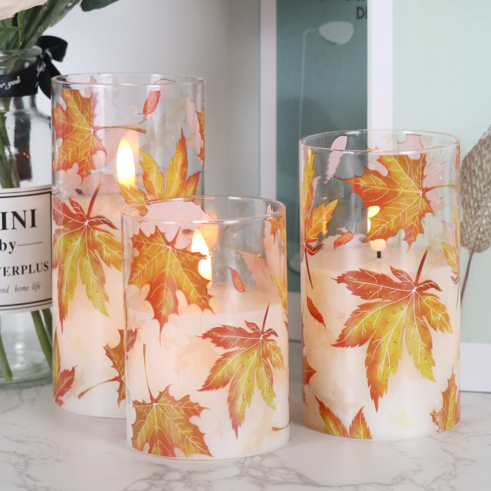 Genswin Glass Maple Leaf Flameless Candles With Remote Timers, Battery Operated Led Flickering Candles, Real Wax Pillar Candles
