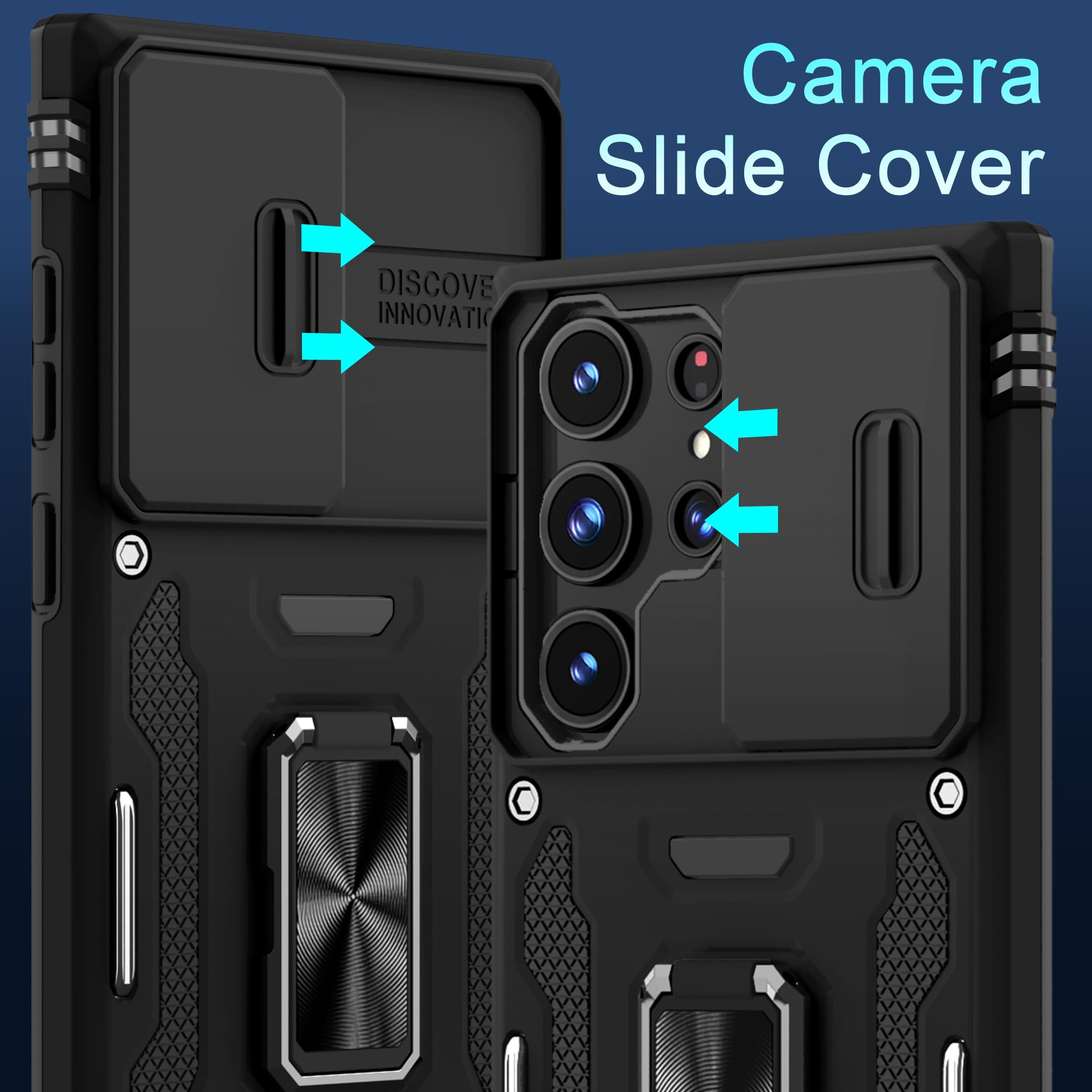 Deerlamn Case For Samsung Galaxy S24 Ultra With Slide Camera Cover+Screen Protector (1 Pack), Rotated Ring Kickstand Military Gr