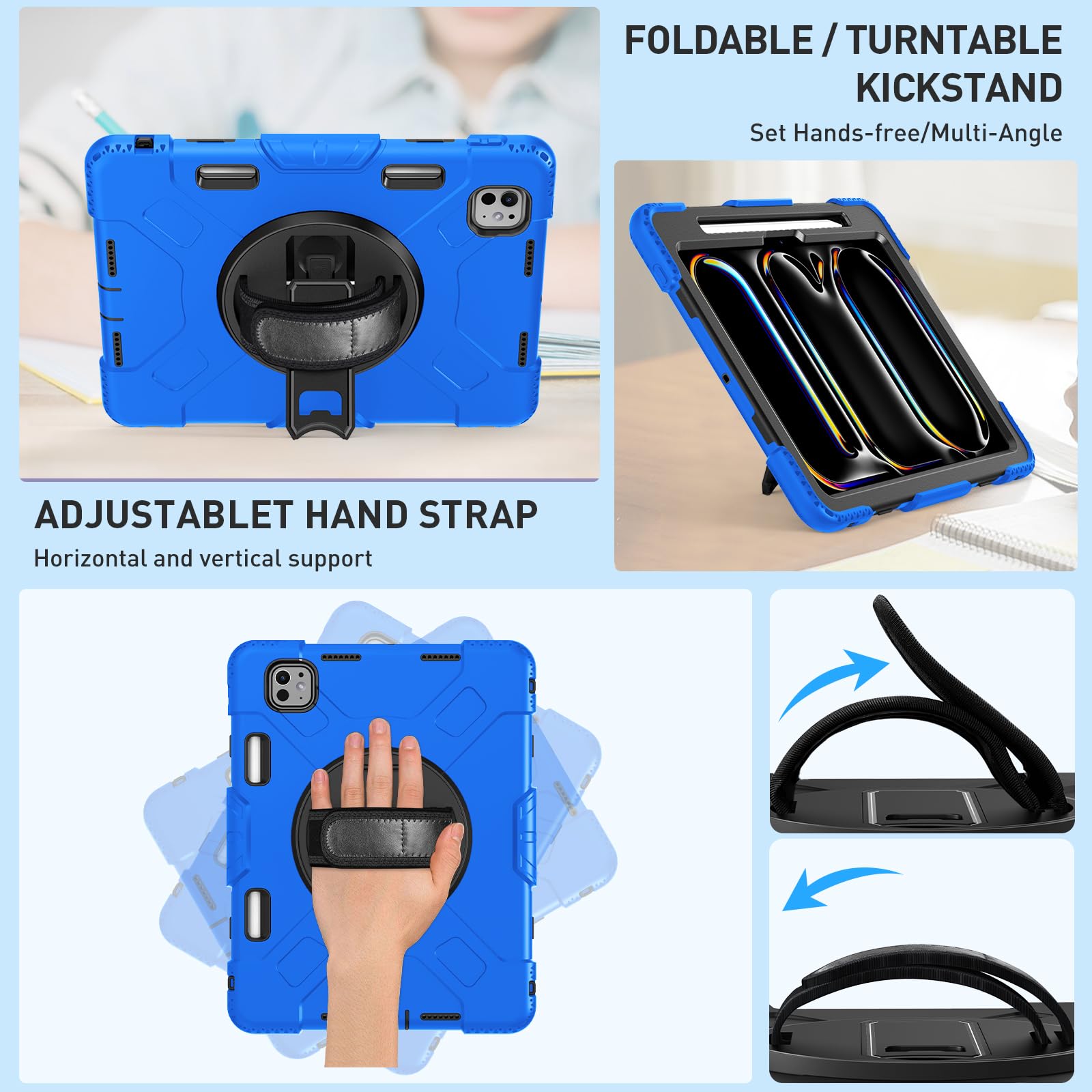 Supfives Case For Ipad Pro 11 Inch 2024 (5Th Gen), With Screen Protector/Shoulder Strap/Pencil Holder/Handle/Rotating Stand, Blu
