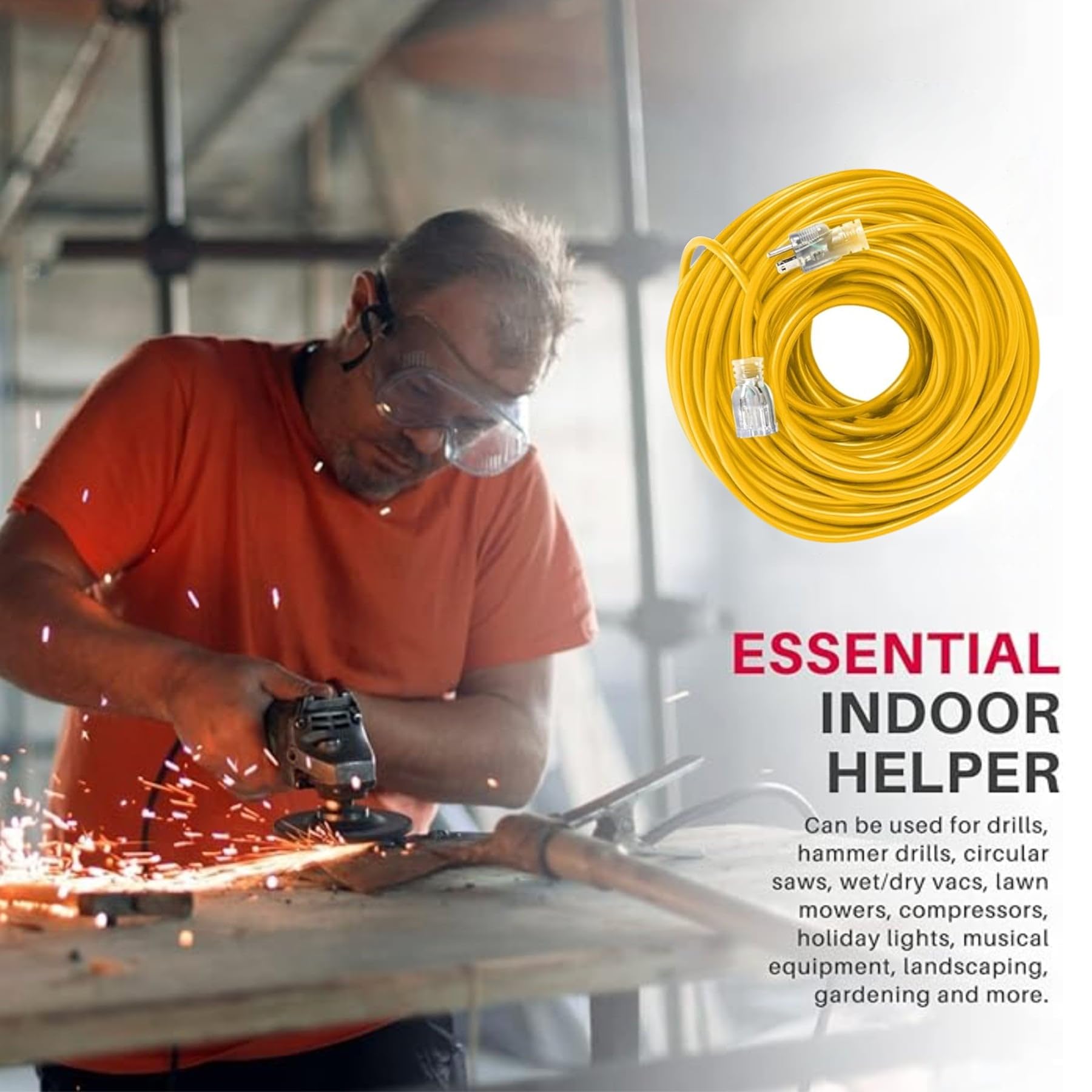 200Ft Power Extension Cord Outdoor & Indoor   Waterproof Electric Drop Cord Cable   3 Prong Sjtw, 14 Gauge, 7 Amp, 125 Volts, 87