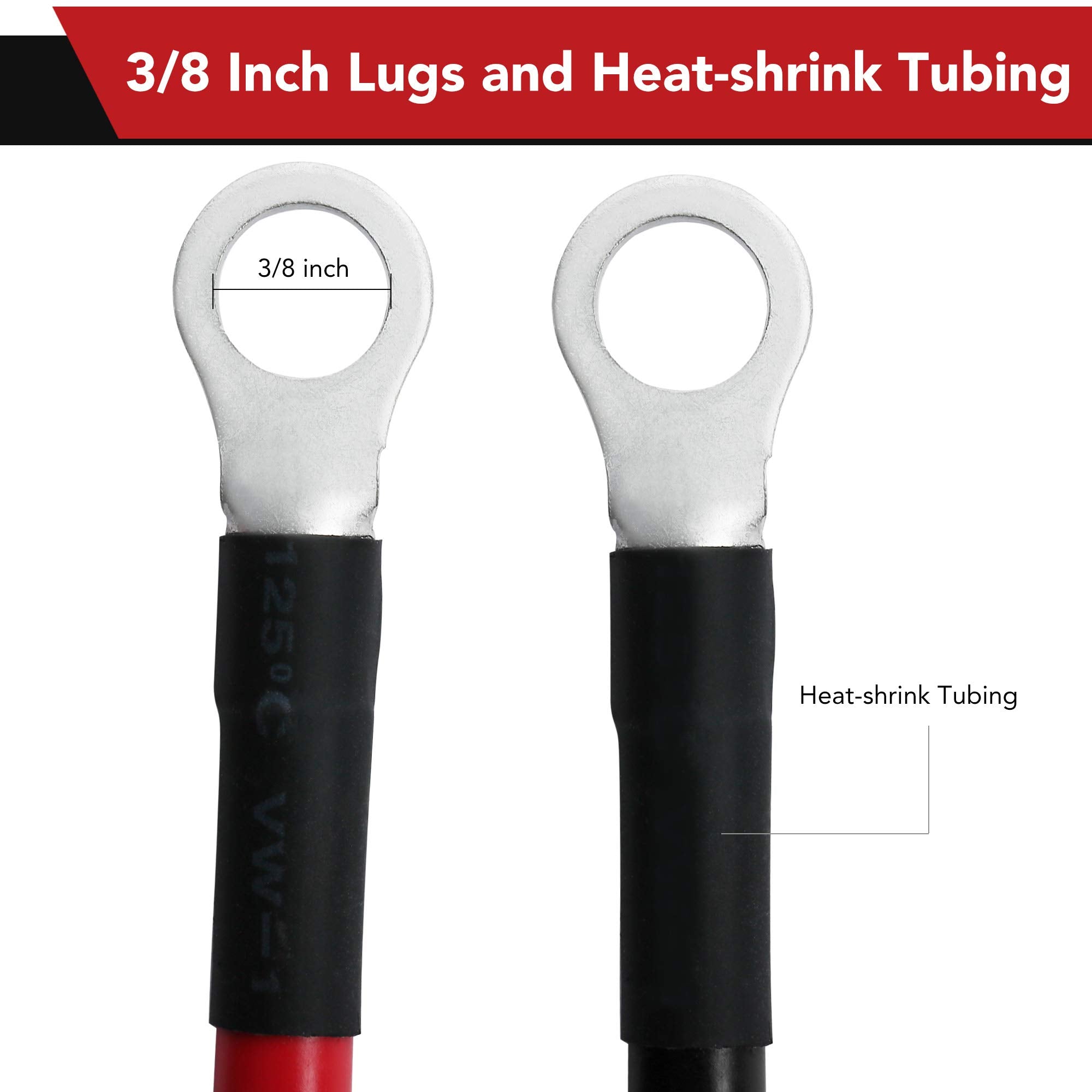 Lotfancy 4 Awg Battery Cables, 4 Gauge 2 Feet Red + 2 Feet Black Pure Copper Wires With 3/8'' Lugs Both Ends For Car Marine Sola