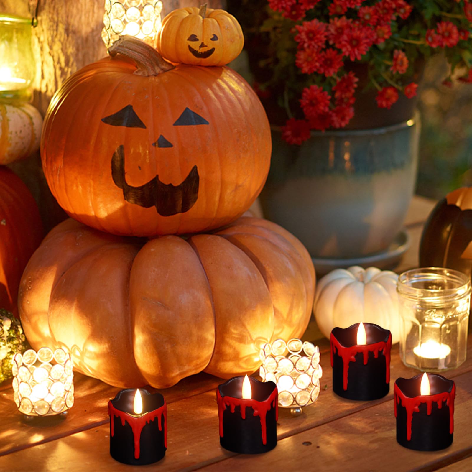 Wondise Halloween Black Flameless Candles With Timer, Battery Operated Votive Candles Tea Light With Blood Dripping Real Wax 3D