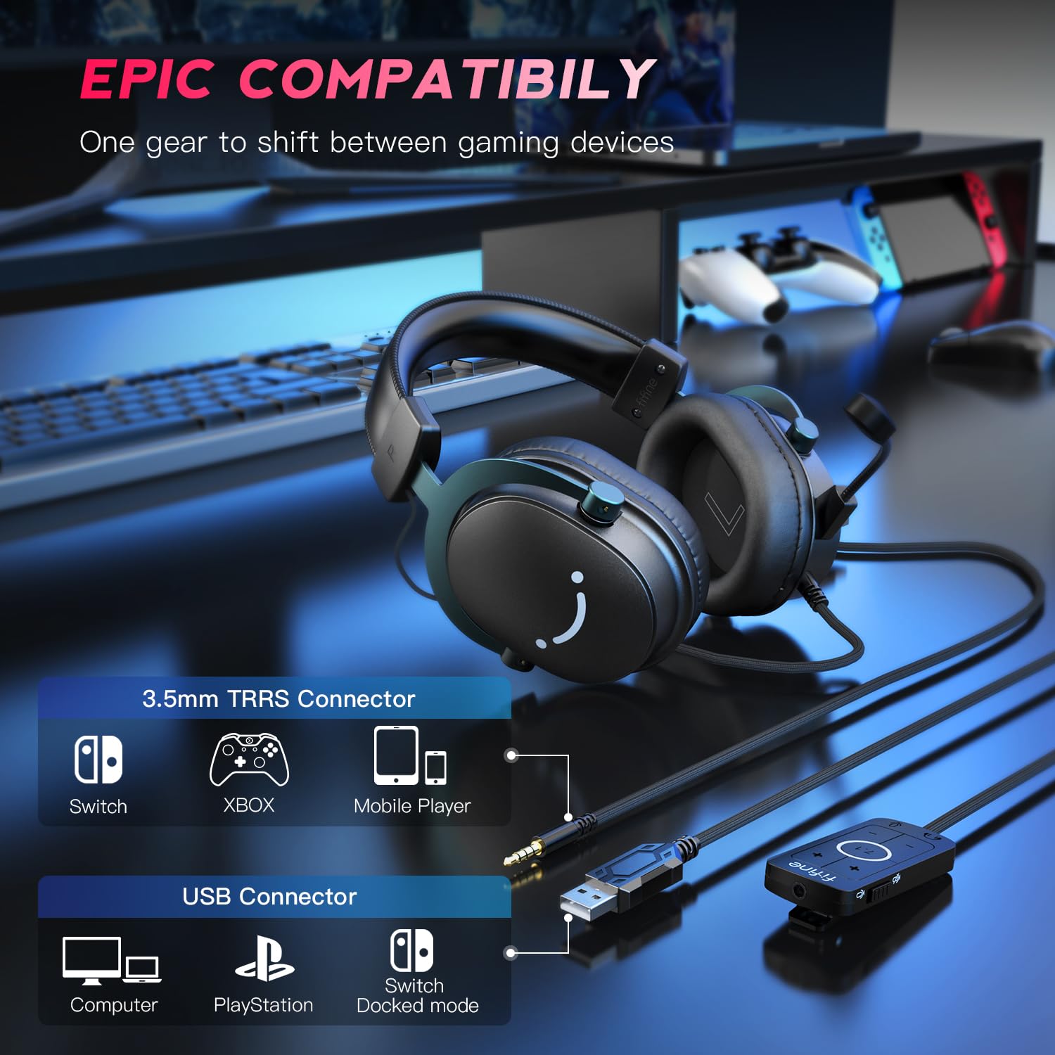 Fifine Pc Gaming Headset, Usb Headset With 7.1 Surround Sound, Detachable Microphone, Control Box, 3.5Mm Headphones Jack, Over E