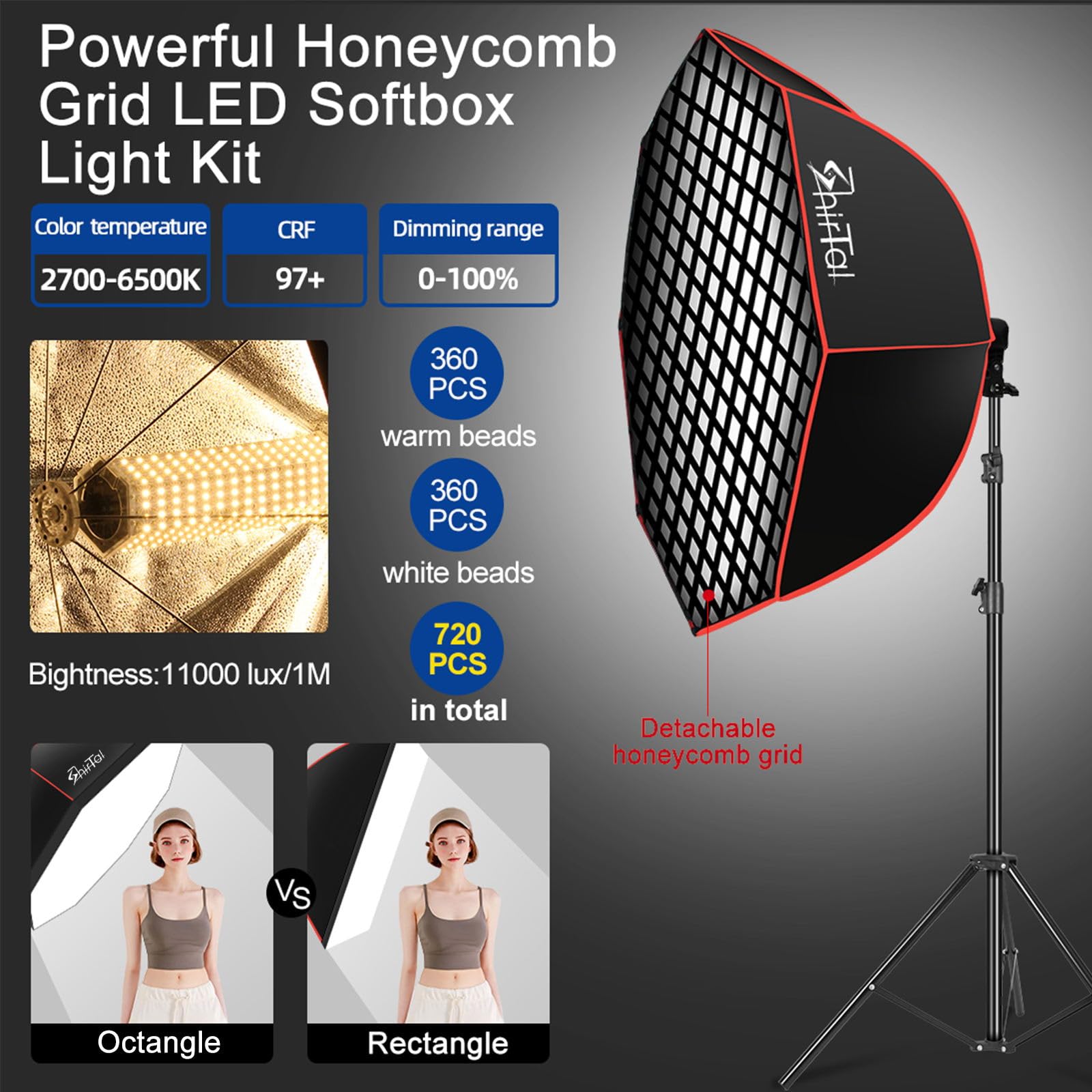 Shirtal Softbox Photography Lighting Kit,37'' Octange Softbox Lighting Kit With Honeycomb Grid 110W 2700K 6500K 11000Lux Dimmabl