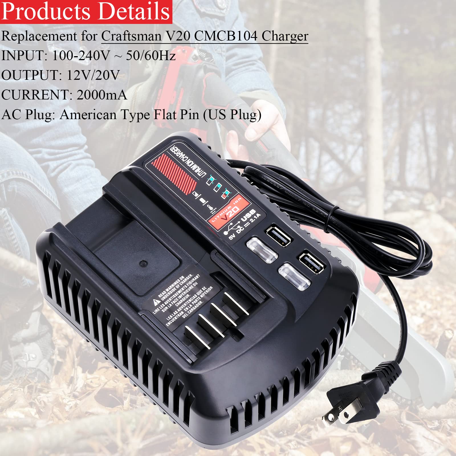 Lasica Cmcb104 Replacement For Craftsman V20 Battery Fast Charger, Compatible With Craftsman 20V Battery Charger Cmcb202 Cmcb204