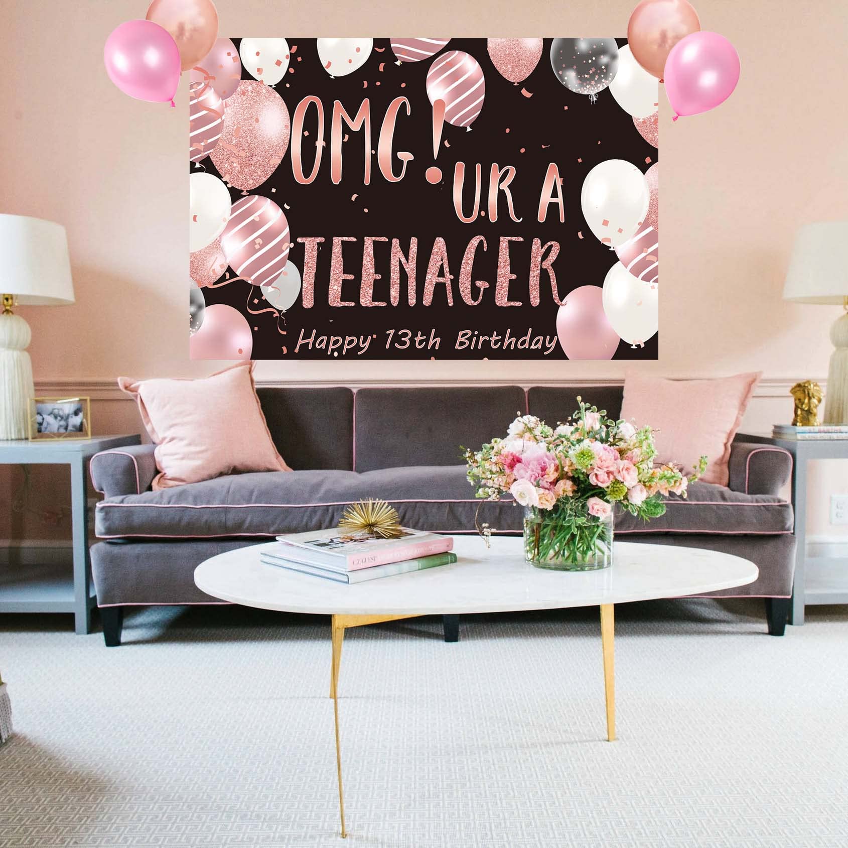 13Th Birthday Backdrop Banner, Omg Ur A Teenager 13Th Birthday Photography Background Black And Rose Gold, 13 Year Old Girls Bir