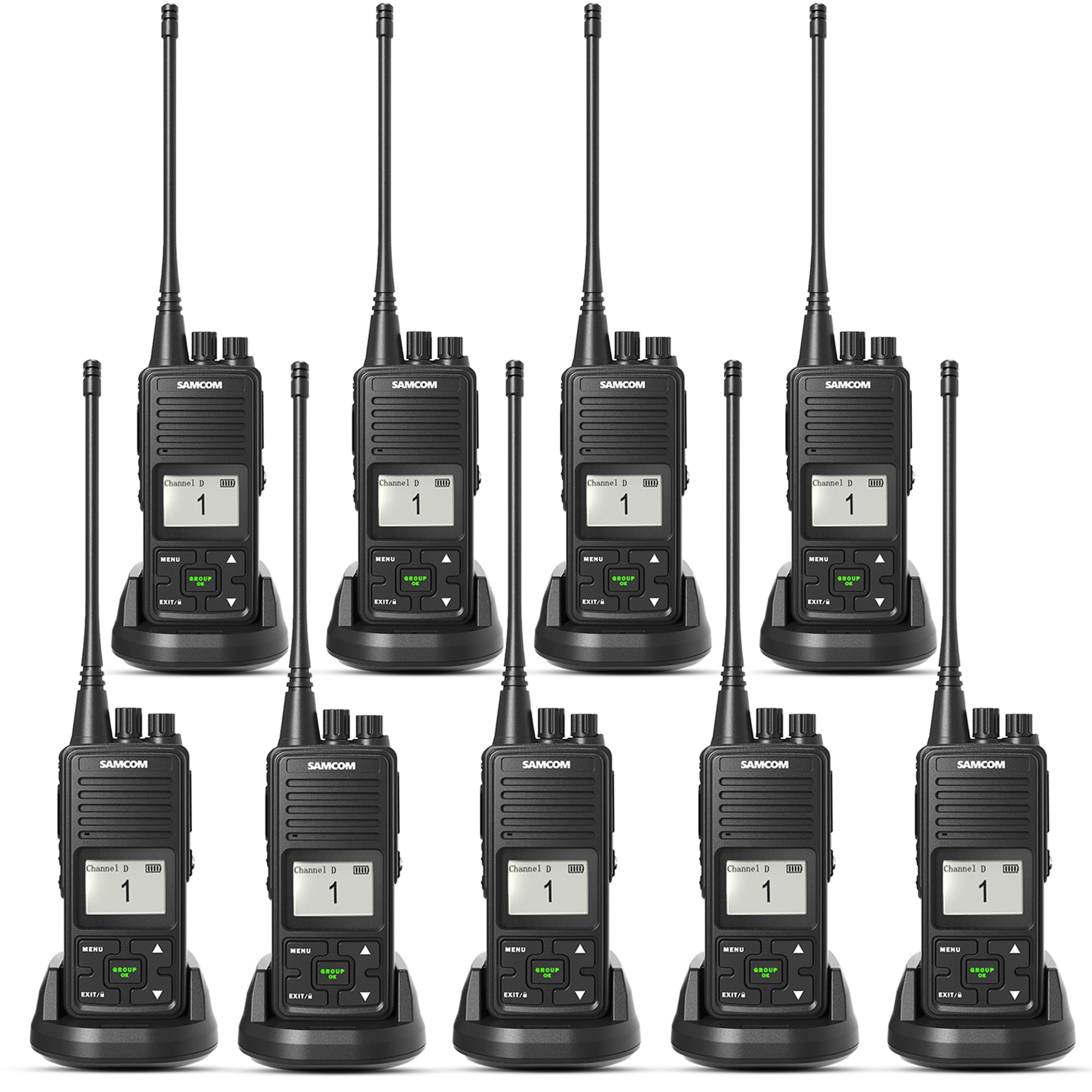 Samcom Long Range Two Way Radios 3000Mah High Power 2 Way Radios Rechargeable, 2 Watts Uhf Walkie Talkies For Adults With Earpiece, Group Ptt Button Programmed Business Radios, 9 Pcs