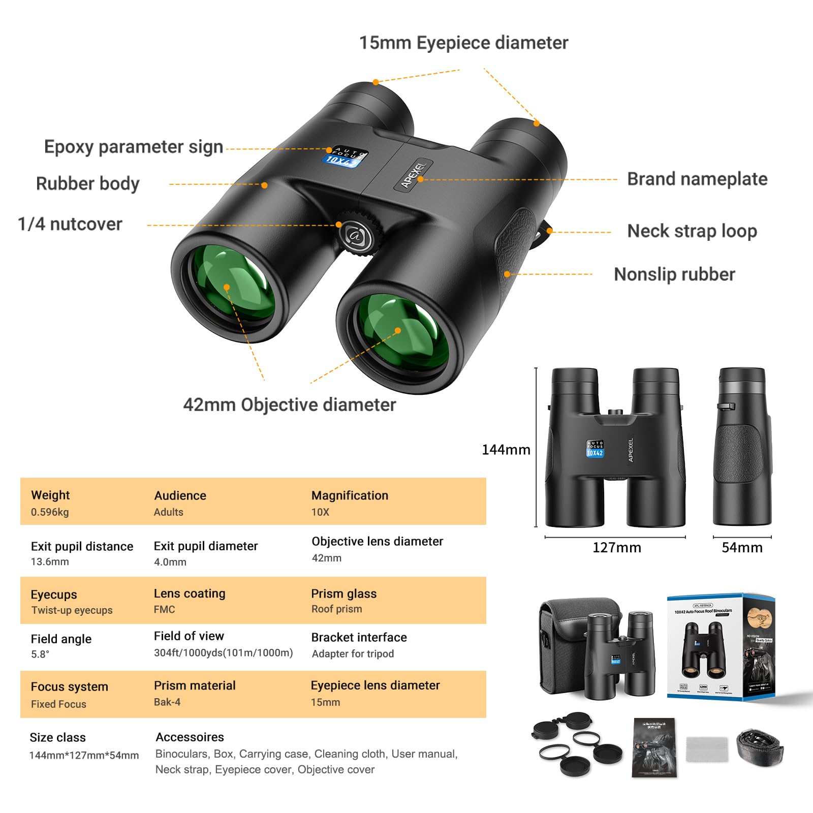 Binoculars, 10X42 Free Focus Binoculars Professional High Powered Hd Large View Binoculars With Bak 9 Prism Fmc Lens For Bird Wa