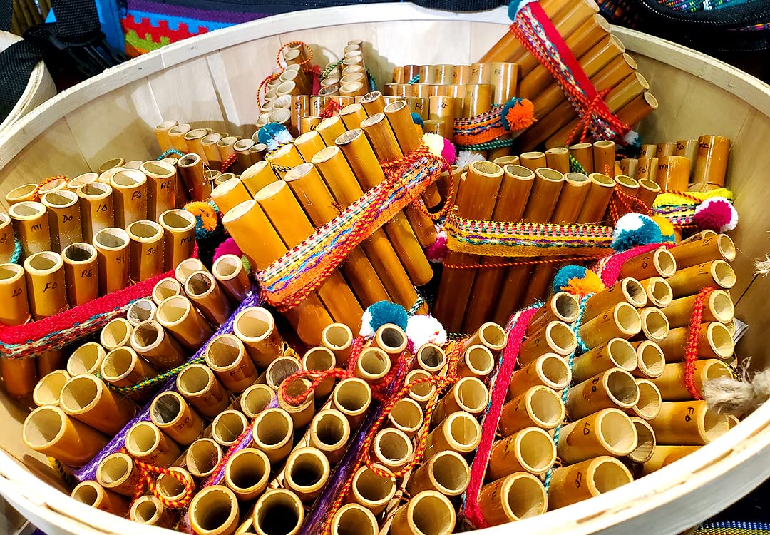 Natural Bamboo Wooden Pan Flute Pipe With Multicolored Tribal Print Woven Cotton Strap   Handmade Woodwind Gifts Peruvian Musica