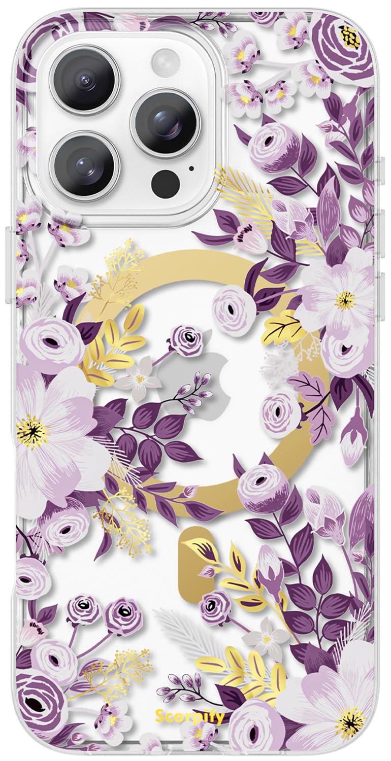 Scorpify For Iphone 16 Pro Case [Compatible With Magsafe] With Purple Nemophila Floral Design, Cute Clear Flower Magnetic Phone