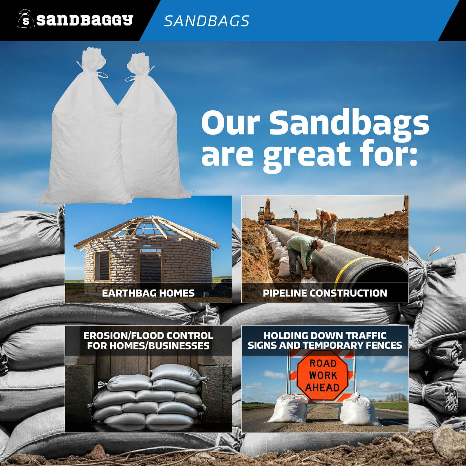 Sandbaggy Sandbags (14' X 26') | Military Grade | Protects Homes & Businesses From Flooding | Sand Bags Trusted By Us Military & Forest Service (100, White)