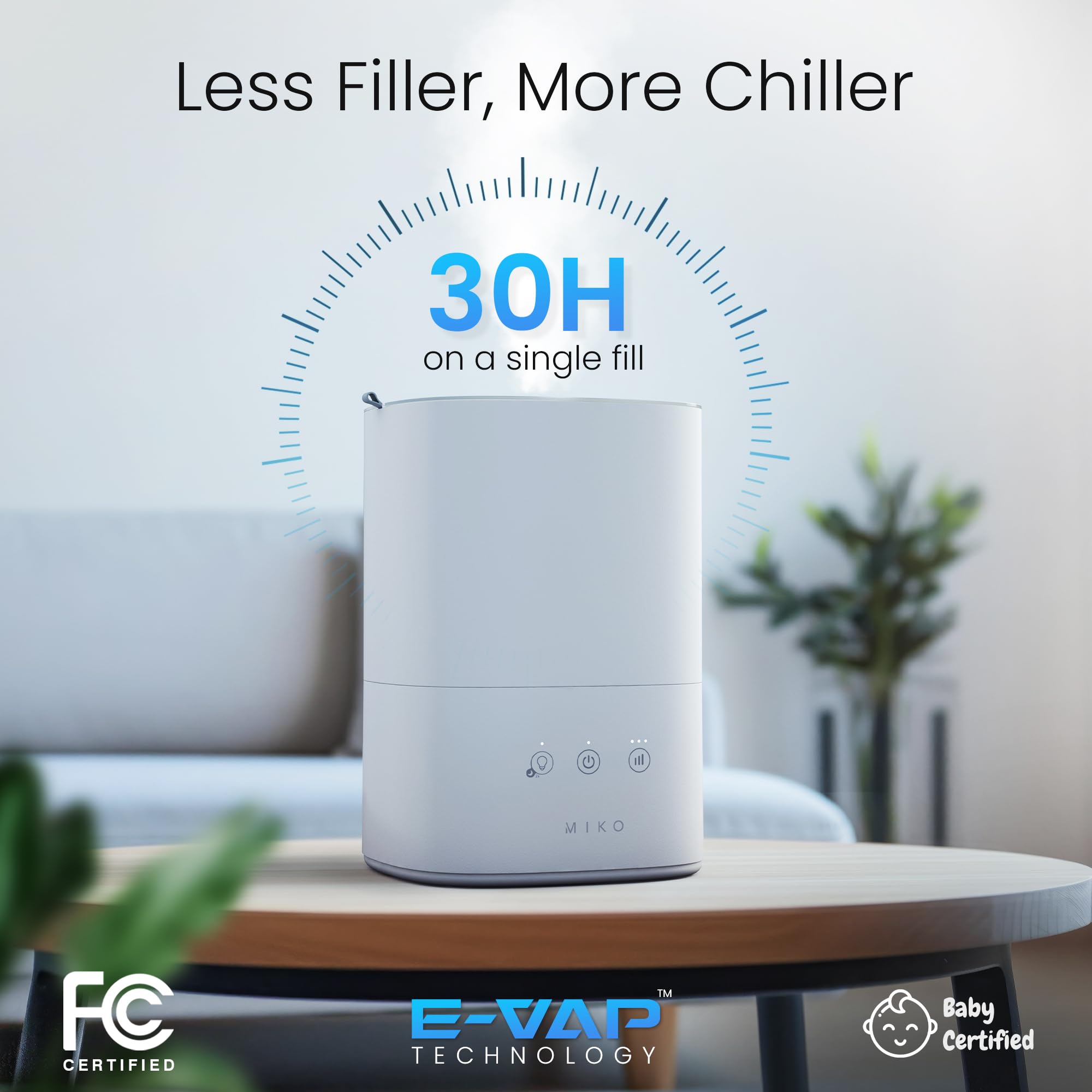 Miko Ultrasonic Humidifiers For Large Room & Bedroom  Water Filter, Auto Mode, No Leak Design, Sleep Mode, Built In Timer, Humid