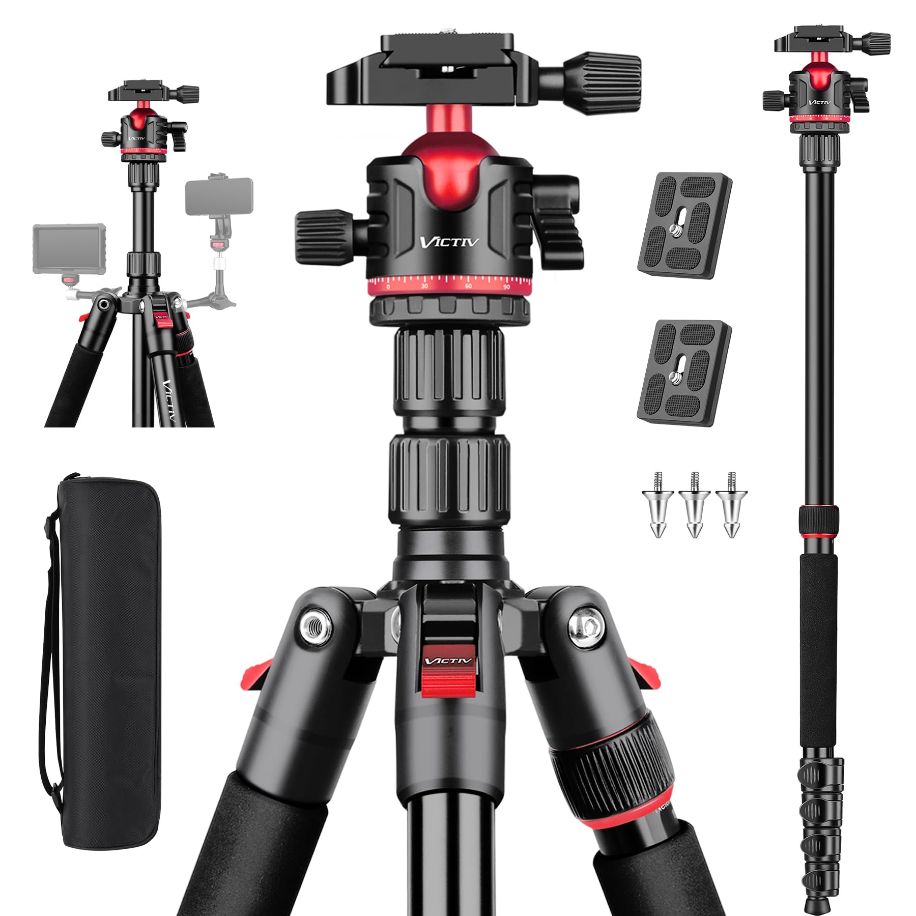 78' Aluminum Camera Tripods & Monopods, Victiv Compact Travel Tripod For Camera Dslr, Spotting Scope,Telescope, Binoculars, Porfessional Heavy Duty Camera Tripod Stand For Photography Video Recording