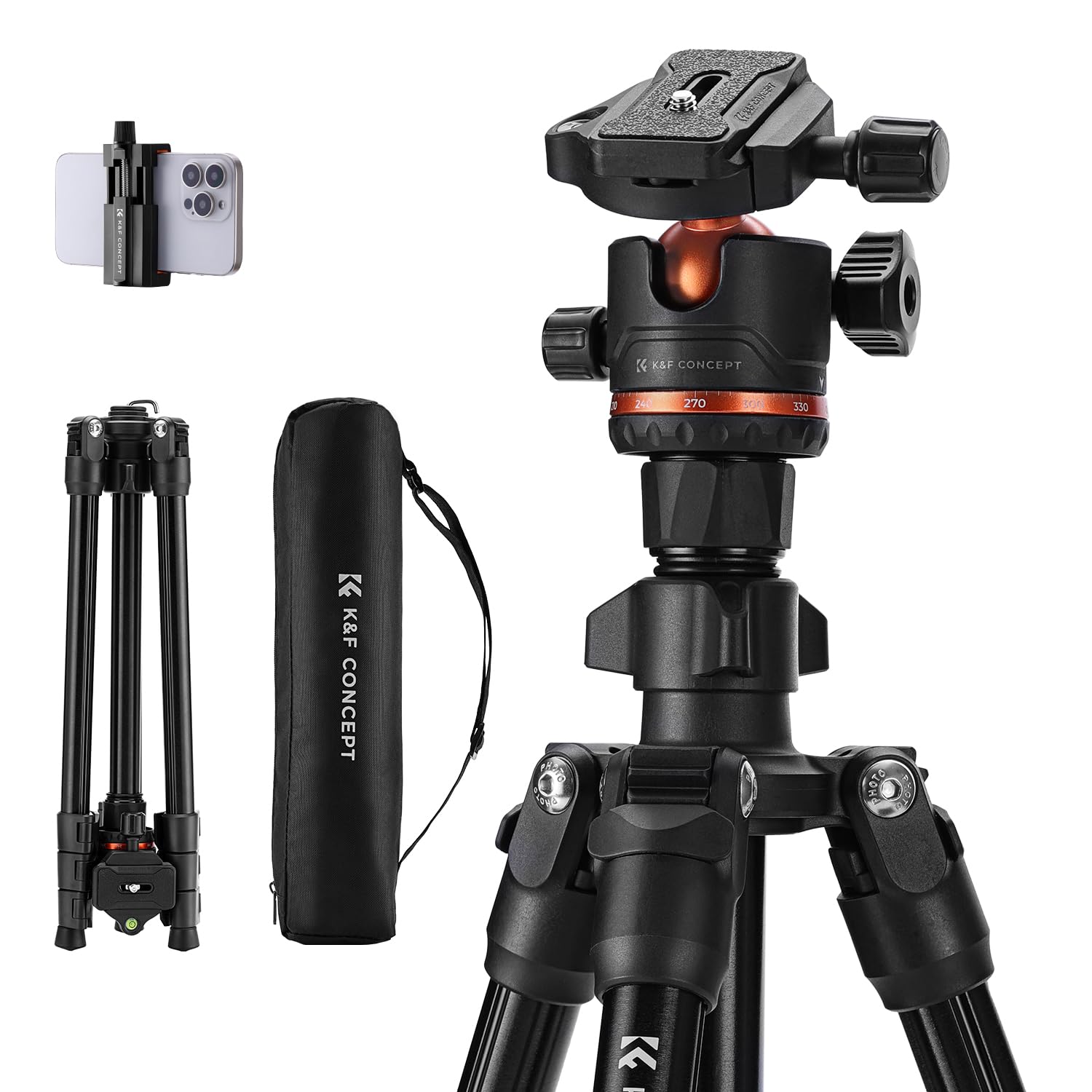 K&F Concept 70 Inch/178Cm Camera Tripod, Lightweight Travel Tripods For Camera With 360 Degree Ball Head Load Capacity 8Kg/17.6Lbs, Cellphone Clip For Smartphone Live Streaming Vlog K234A3+Bh 36
