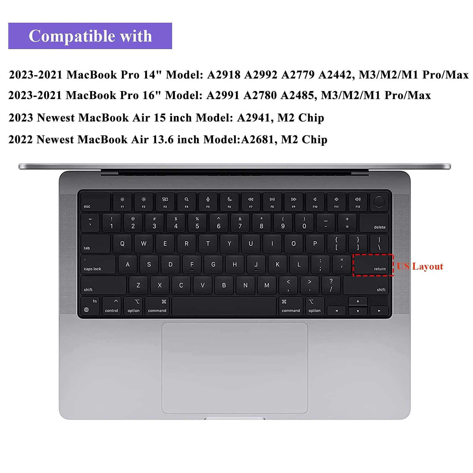 Eoocoo Premium Keyboard Cover Skin Ultra Thin For Macbook Air 15'' M3 M2 (A3114 A2941), Air 13.6'' (A3113 A2681) 2024 2021, Pro