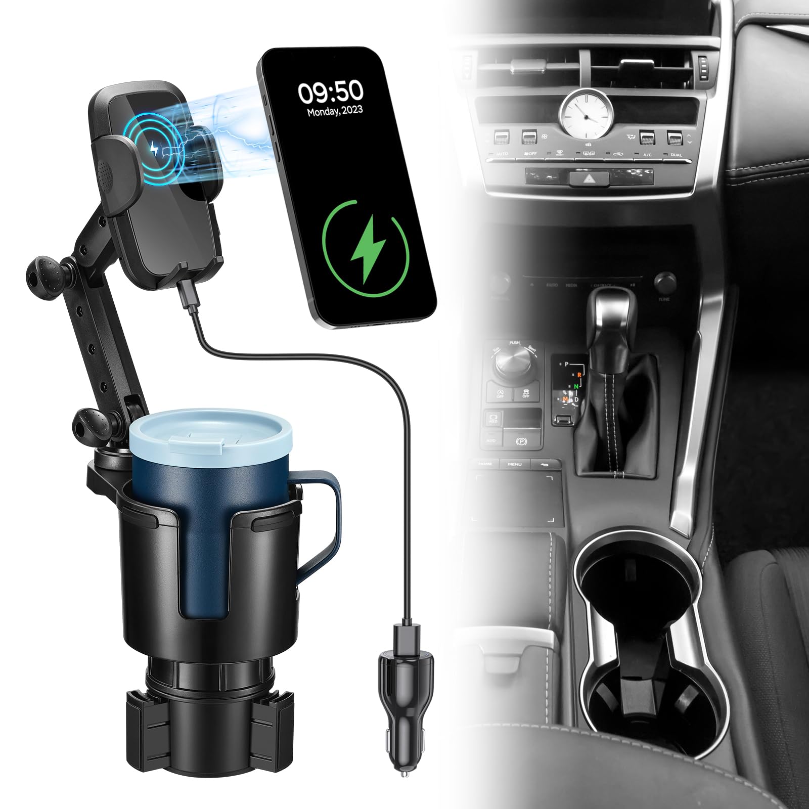 This Hill Cup Holder Phone Charger, 15W Fast Charging Auto Clamping, Phone Holder for Cup Holder Charger with Adjustable Base & 