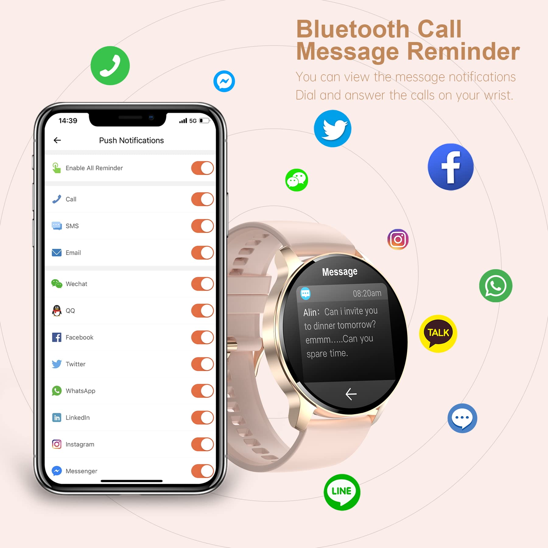 Smart Watch For Women, Bluetooth Smartwatch Make/Receive Calls With 24-Hour Heart Rate&Sleep Monitor, Ip67 Waterproof Fitness Tr