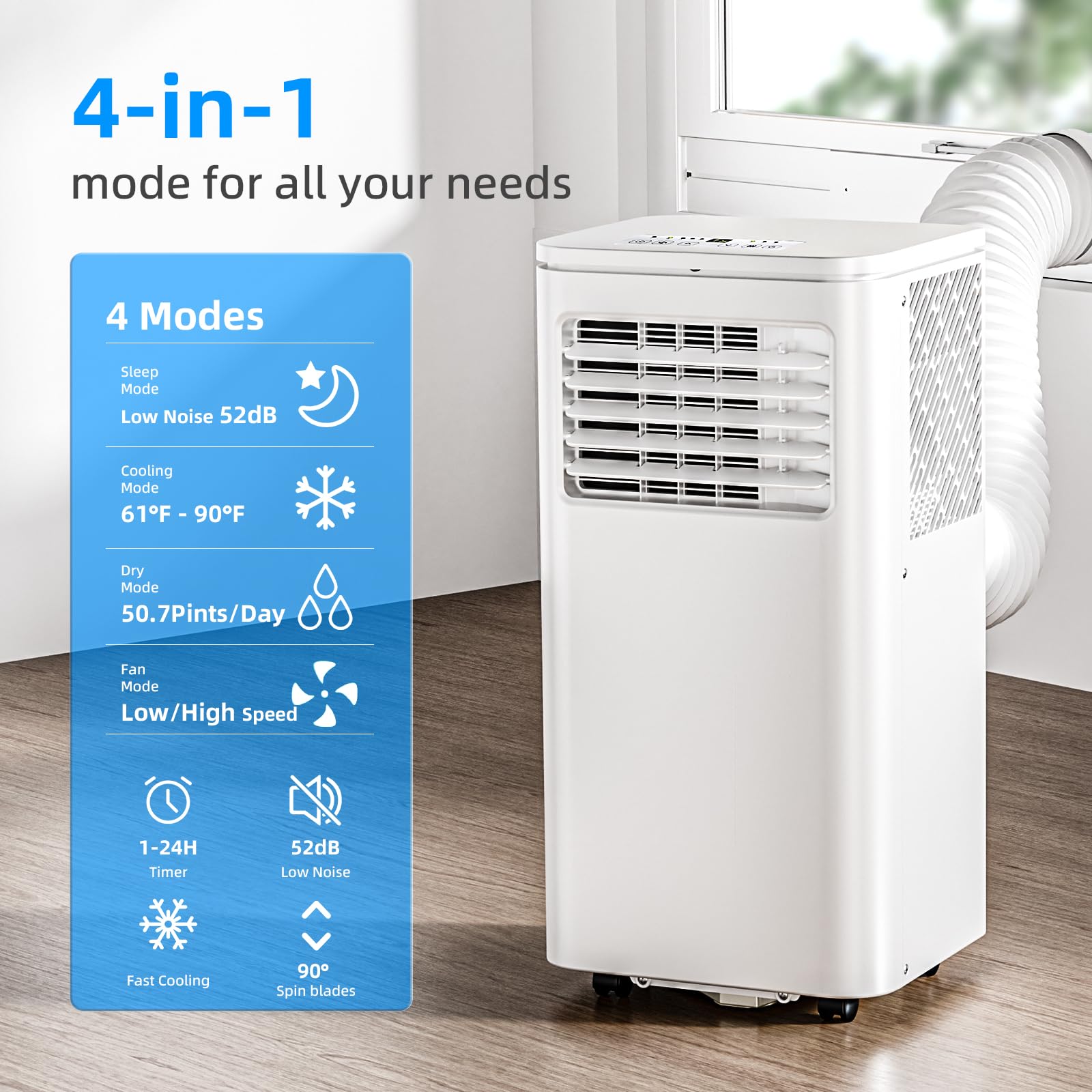 Portable Air Conditioner 8000 Btu, Remote Control, Fan Mode, Cools 350Sq. Ft, 24 Hour Timer, Quiet Operation,Window, 2 Fan Speed