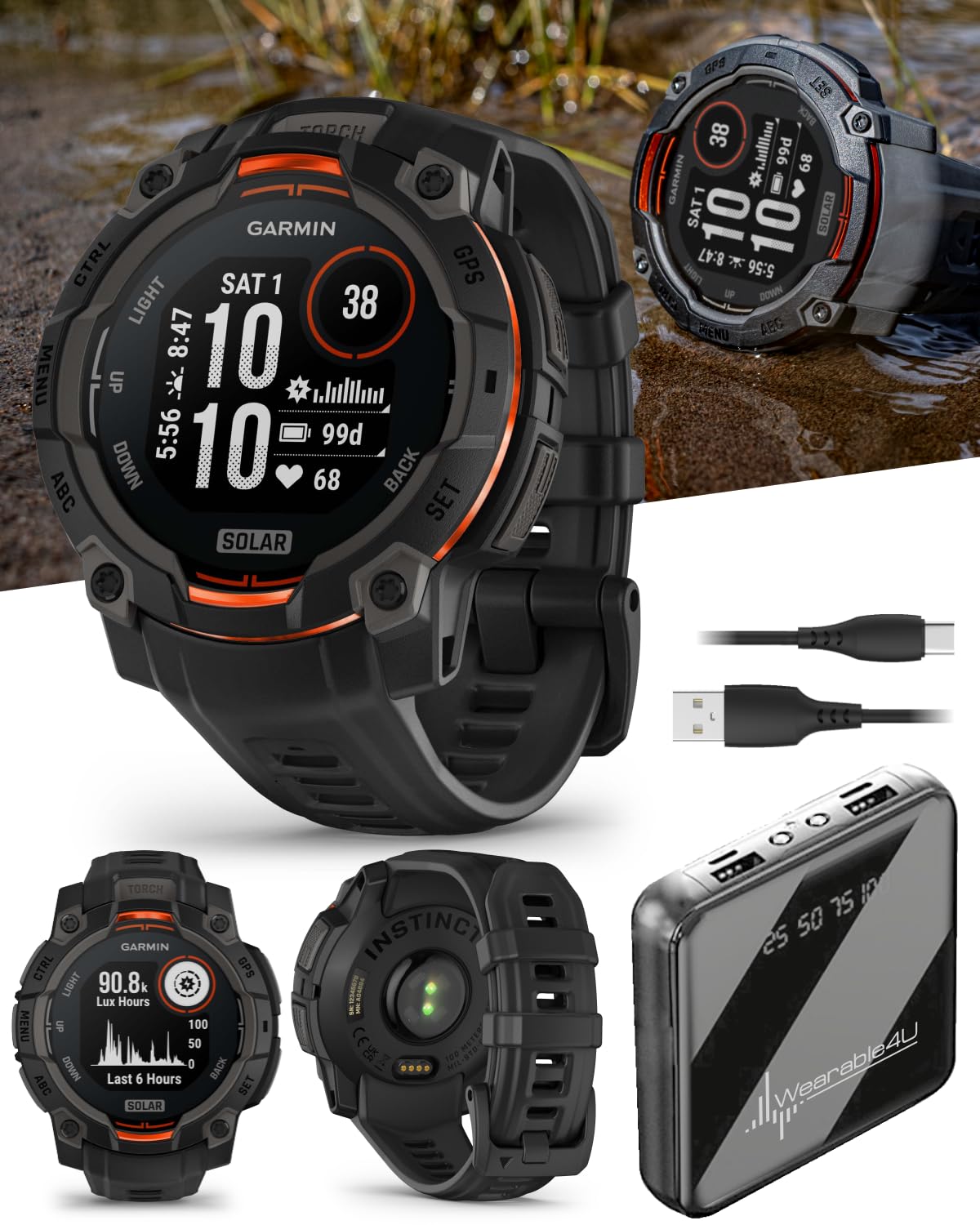 Wearable4U Garmin Instinct 3 Solar 45 Mm, Rugged Outdoor Gps Smartwatch, Metal Reinforced Bezel, Built In Flashlight, Up To 28 D