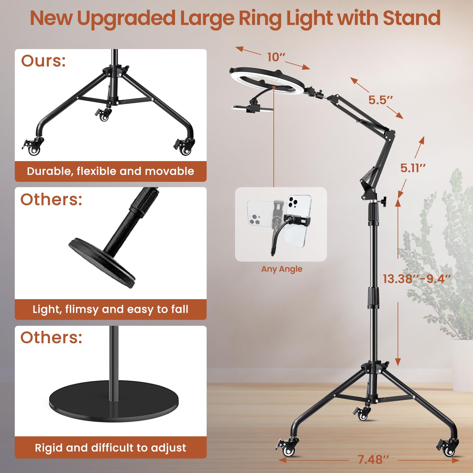 Overhead Phone Tripod For Cooking Videos With Casters, Ring Light With Stand Overhead Phone Mount Holder, Selfie Light Stand For
