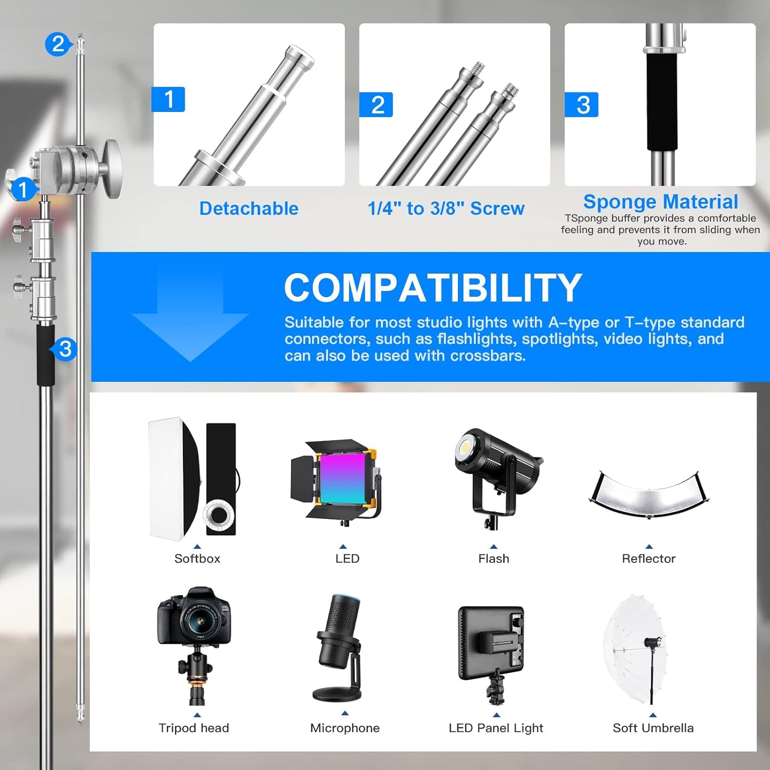 Soonpho Adjustable 10Ft/3.3M Heavy Duty Light Stand With Boom Arm And Wheels,100% Stainless Steel Reflector C Stand With Grip He