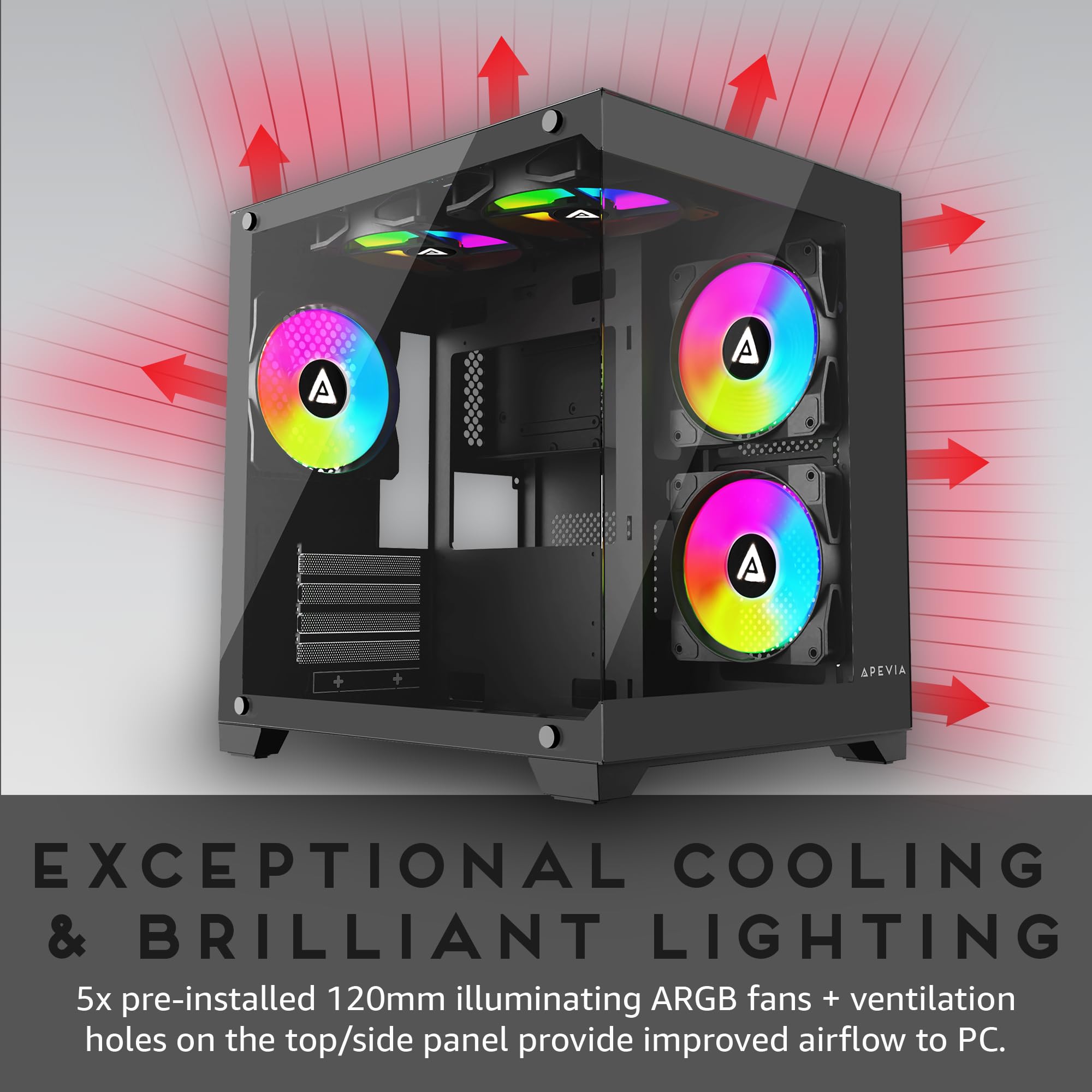 Apevia Prism Bk Prism Micro Atx Gaming Pc Cube Case W/ 5X 120Mm Argb Fans, 366 Rgb Modes, Dual Tempered Glass Panels, 240Mm Radi