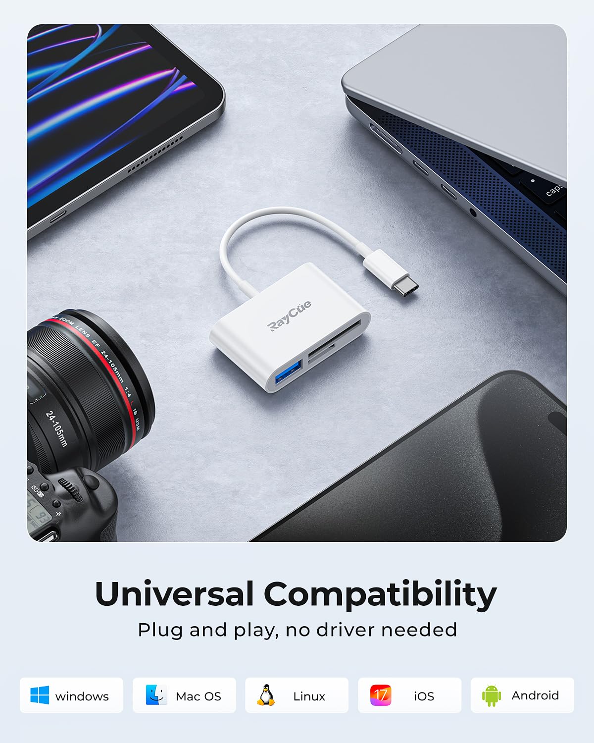 Raycue Usb C To Sd Card Reader, Usb C/Type C To Sd Card For Iphone 15/Ipad/Mac/Laptop, 3 In 1 Usb C/Type C Memory Card Adapter F