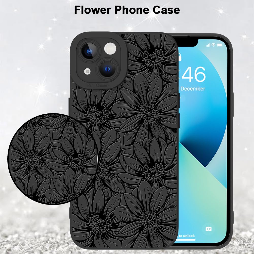 Mzelq For Iphone 13 Case, Silicone Black Floral Flowers Sunflowers Cute Pattern, Camera Protection Soft Slim Phone Case For Ipho