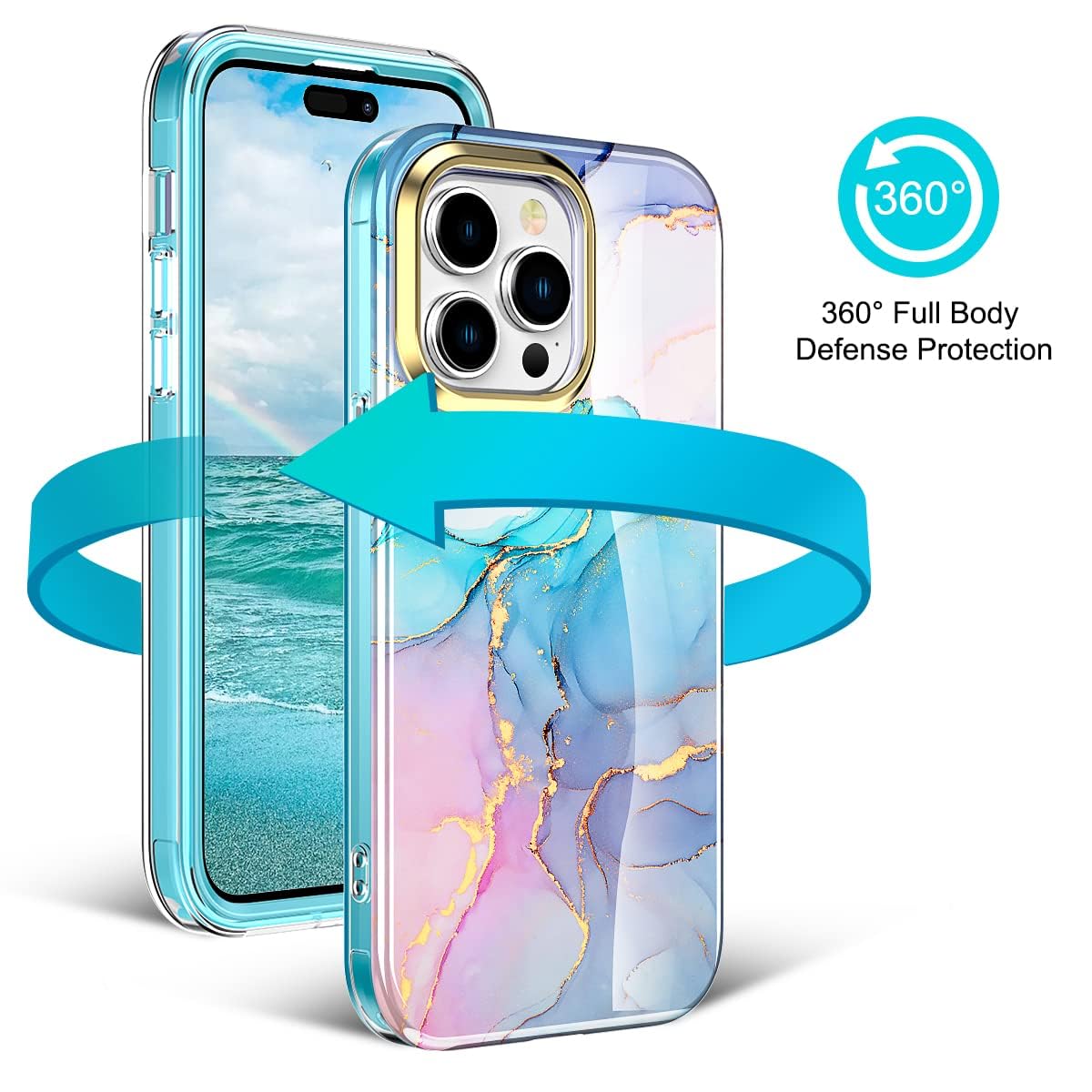 Turquiase Cute Marble Case For Iphone 14 Pro Max 6.7 Inch Built With Screen Protector, Lightweight And Stylish Full Body Shockpr