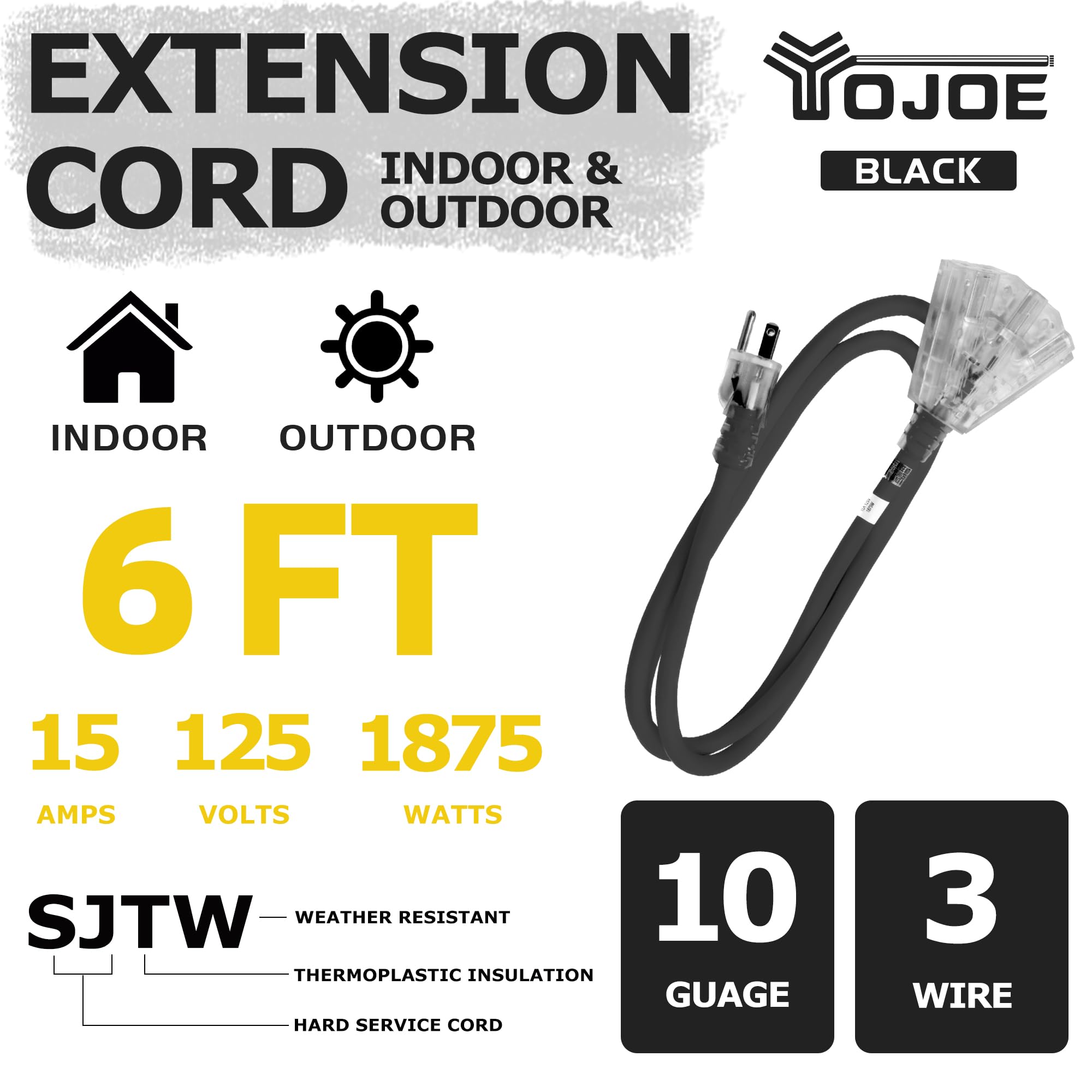 Yojoe 6 Foot 10/3 Lighted Outdoor Extension Cord With 3 Power Outlets   10 Gauge 3 Prong Sjtw Heavy Duty Black Extension Cable W