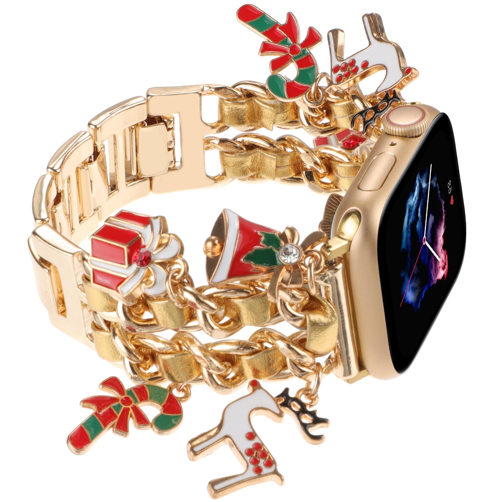 Realsign Stylish Metal Wristband Compatible With Apple Watch Band 38Mm 40Mm 41Mm,Cuban Chain With Christmas Elk Bell Cute Pendan