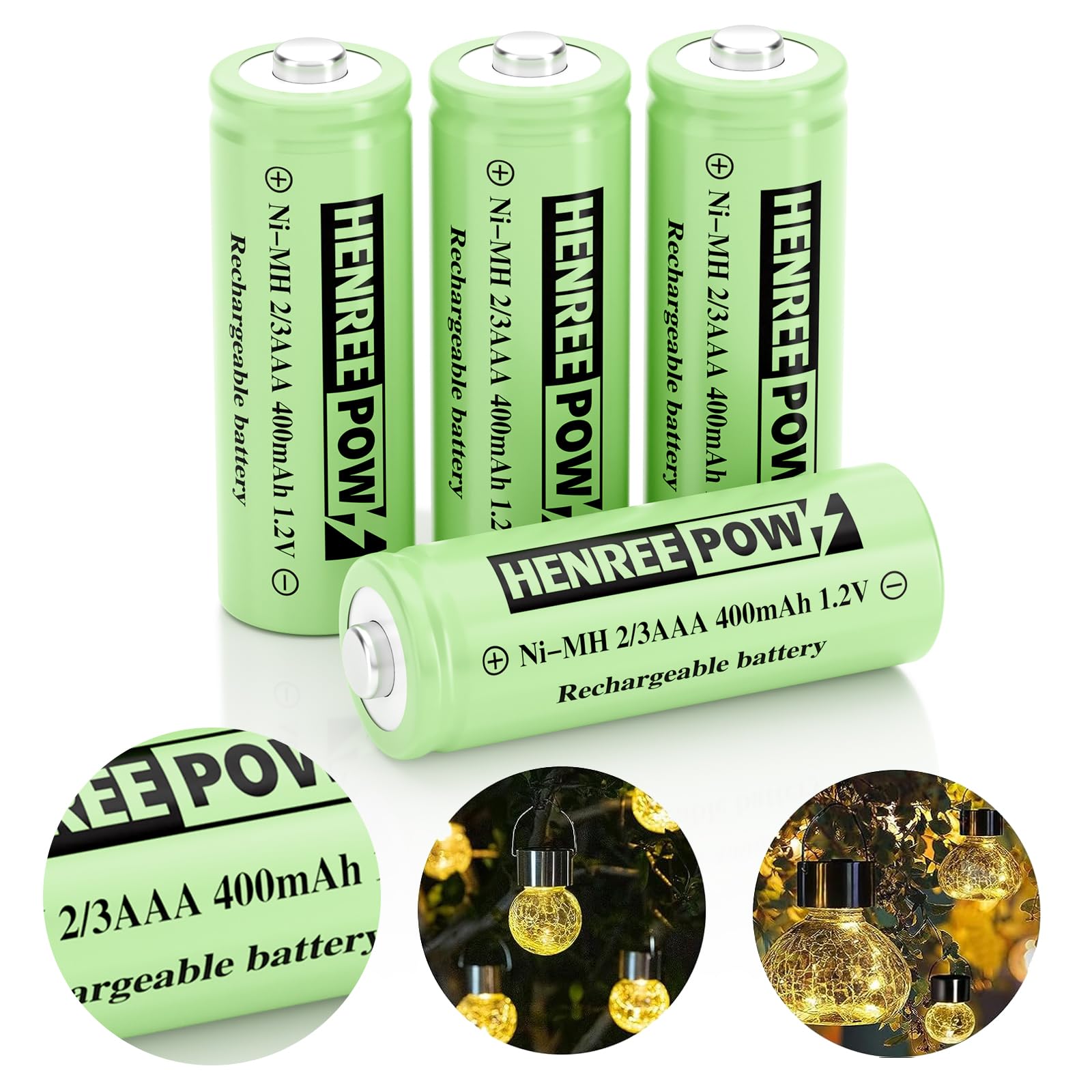 Henreepow 2/3AAA Solar Battery, 2/3AAA 400mAh Rechargeable Battery, 2/3AAA 1.2V Low Self-Discharge Rechargeable Battery 4 Pack f