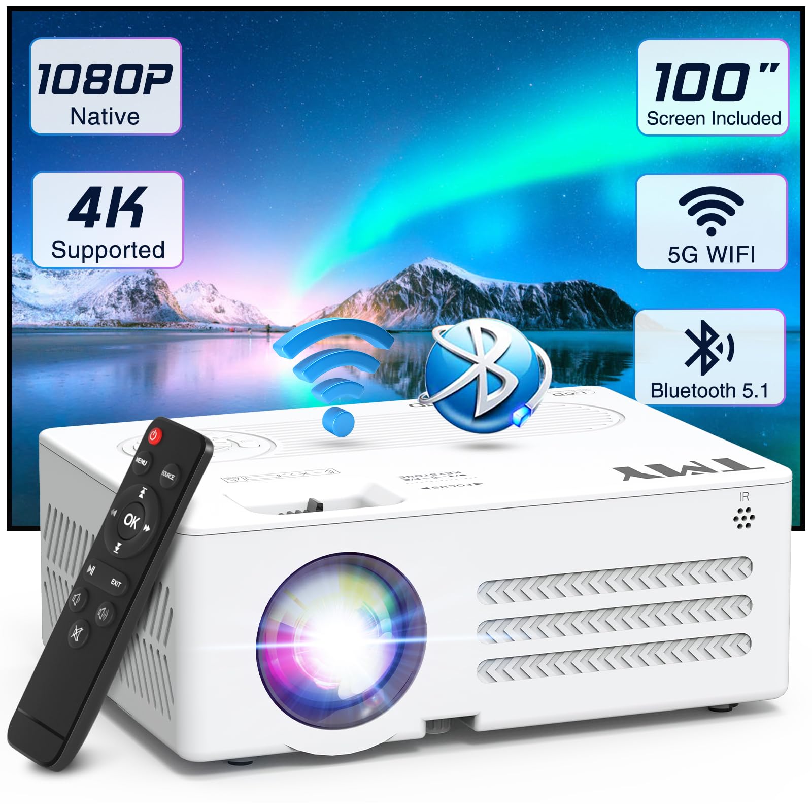 Tmy Projector With Wifi And Bluetooth?100' Screen Included?Native 1080P Outdoor Projector, 4K Supported Portable Projector, Compatible With Ios/Android/Pc/Tv Stick/Hdmi/Usb, Indoor Outdoor Use