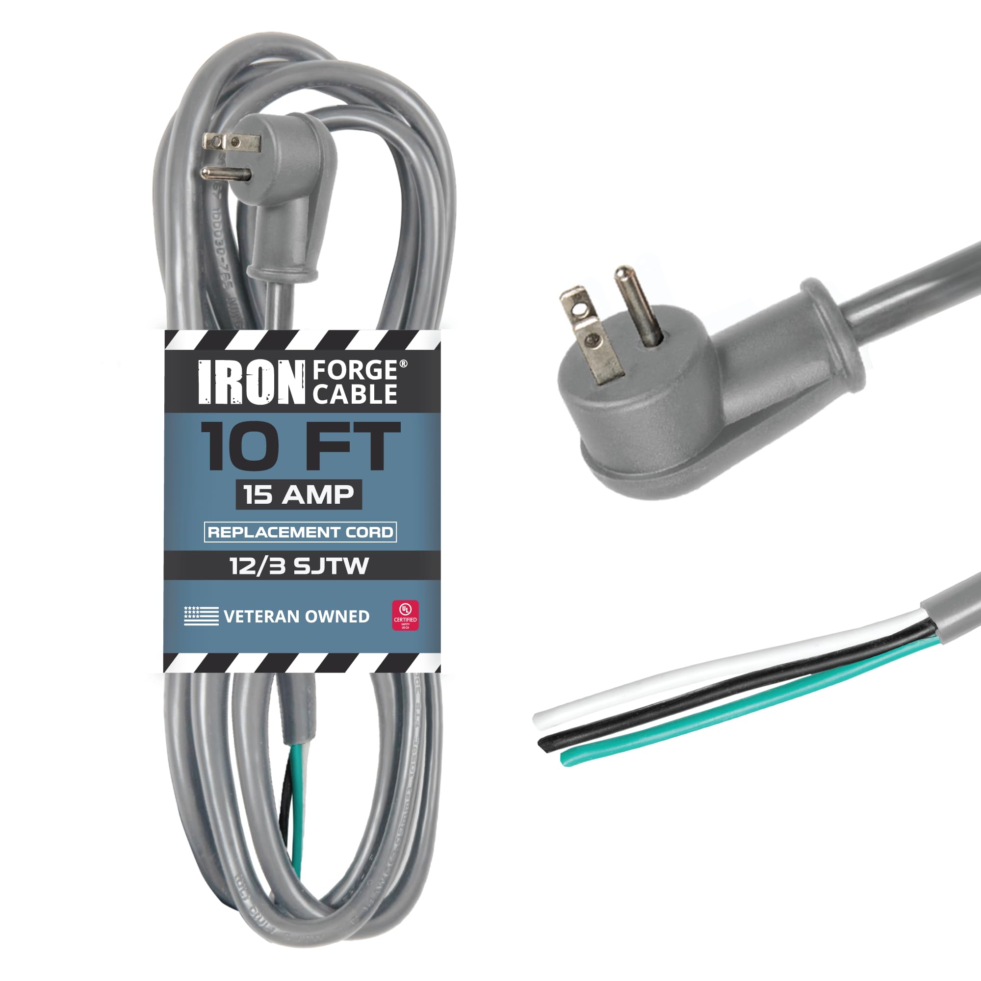 Iron Forge Cable Flat Plug Replacement Power Cable With Open End   12/3 10 Ft Gray Appliance Extension Cord 15 Amp, 12 Awg Power