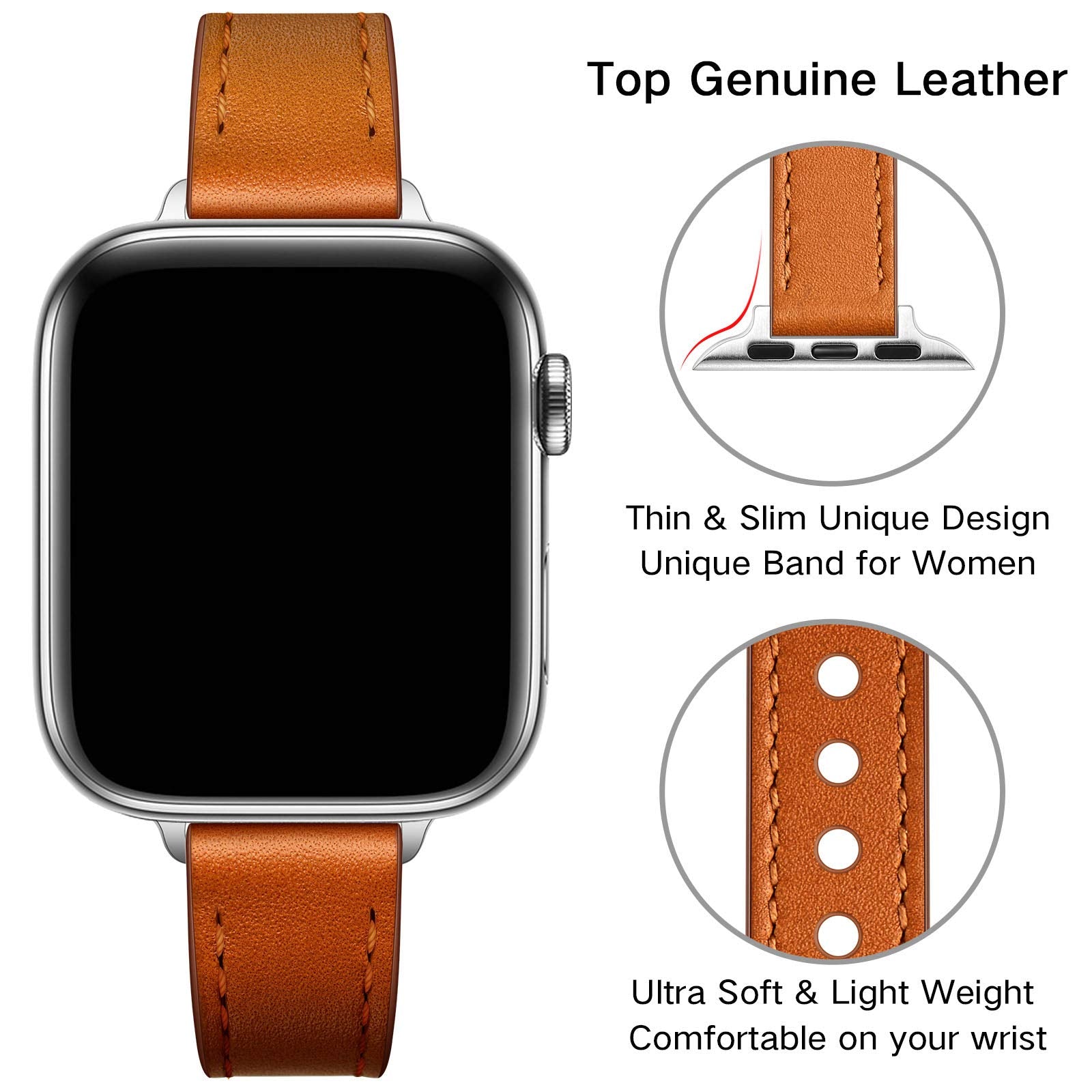 Ouheng Slim Band Compatible With Apple Watch Band 41Mm 40Mm 38Mm, Women Genuine Leather Band Replacement Thin Strap For Iwatch S