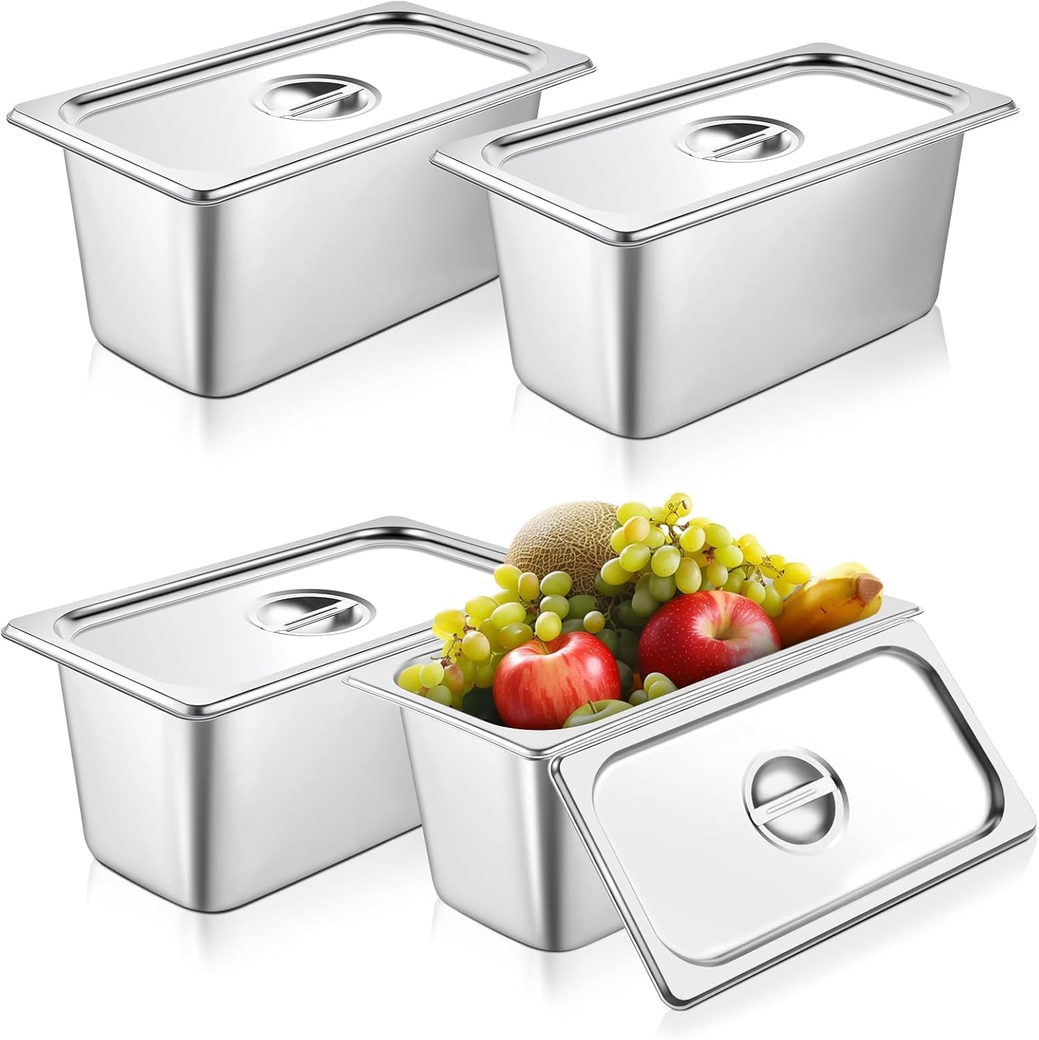 KESHAL Premium Stainless Steel GN Hotel Pan with Lid | 4Pcs Gastronorm Steam Table Food Pan for Buffet Serving Food Storage
