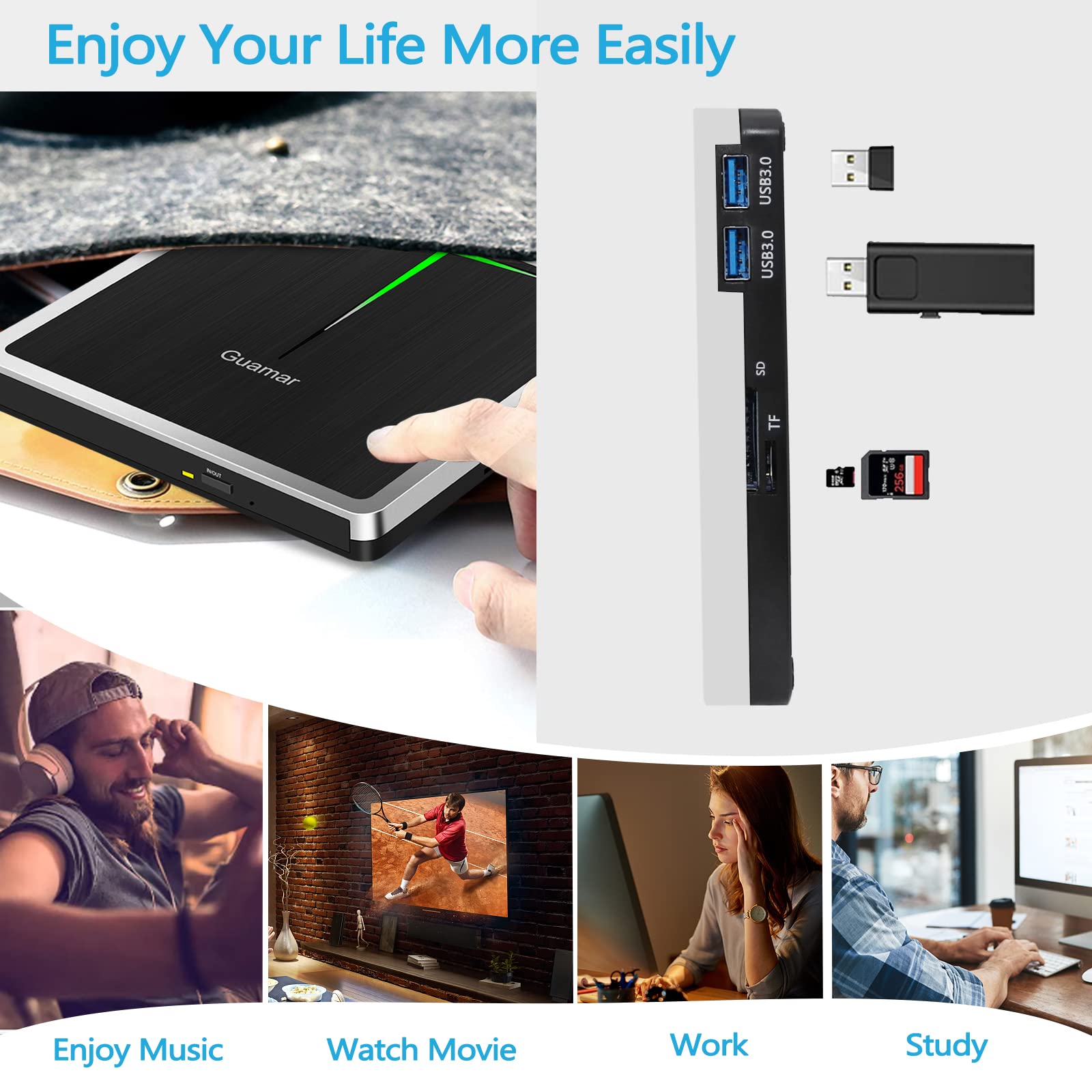 Guamar External Cd Dvd Drive, Usb 3.0 Usb C Cd/Dvd Burner Dvd Player For Laptop, Portable Cd Rom Disk Drive Reader Writer For Pc