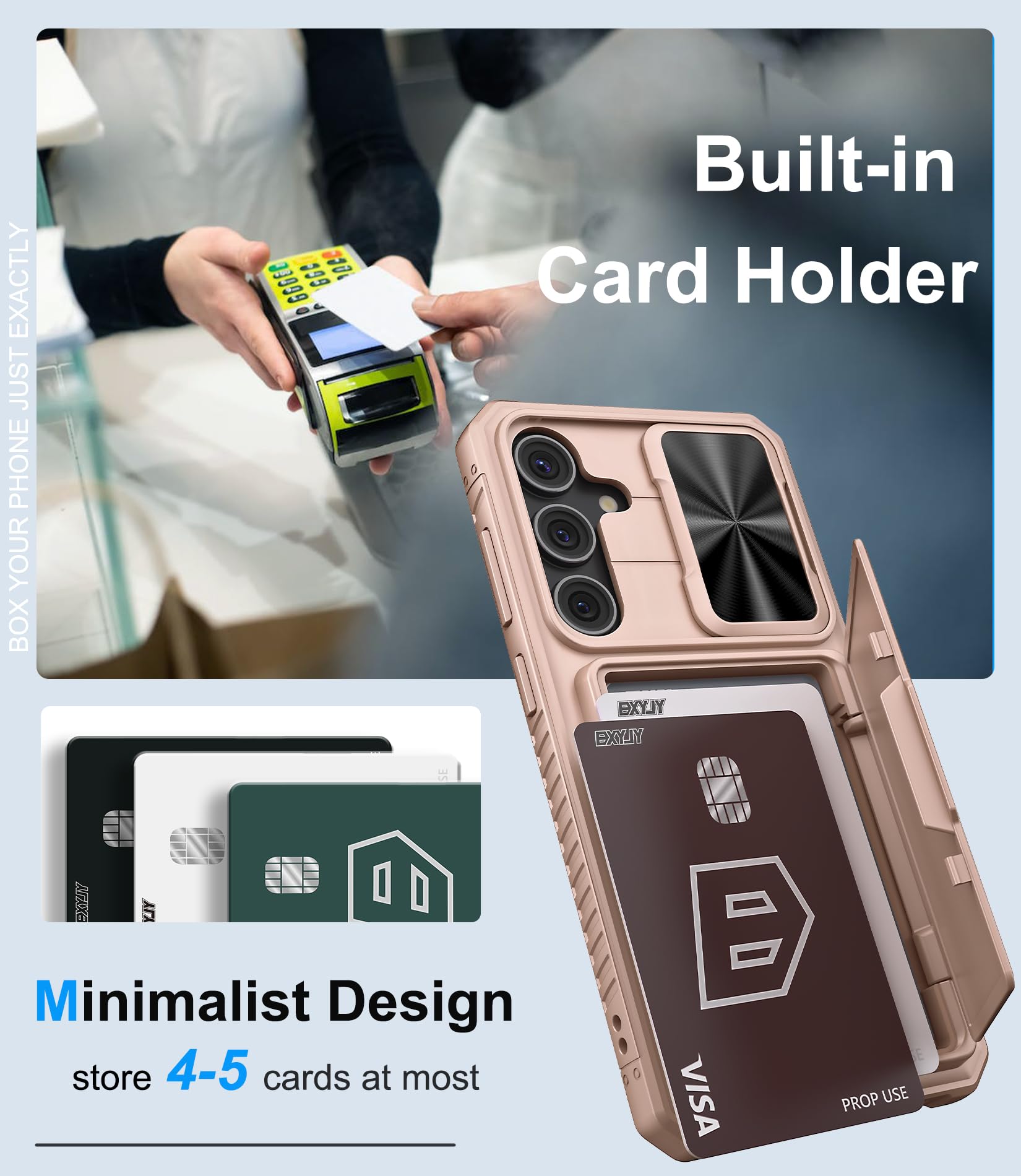 Bxyjy For Samsung Galaxy S24+ Plus Case With Card Holder (4 5 Cards) & Slide Camera Cover, Military Grade Drop Protection, Women