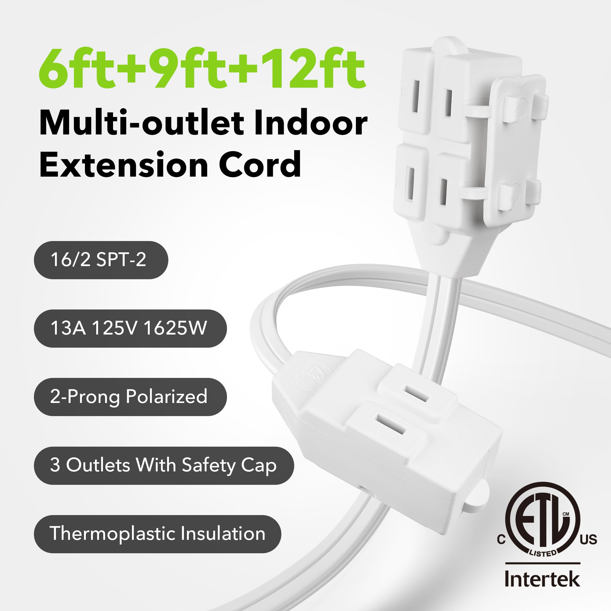 Bn Link 3 Outlet Indoor Extension Cord, 6/9/12 Ft Variety 3 Pack, 16/2 Spt 2, 2 Prong Polarized Plug, White Household Power Cord