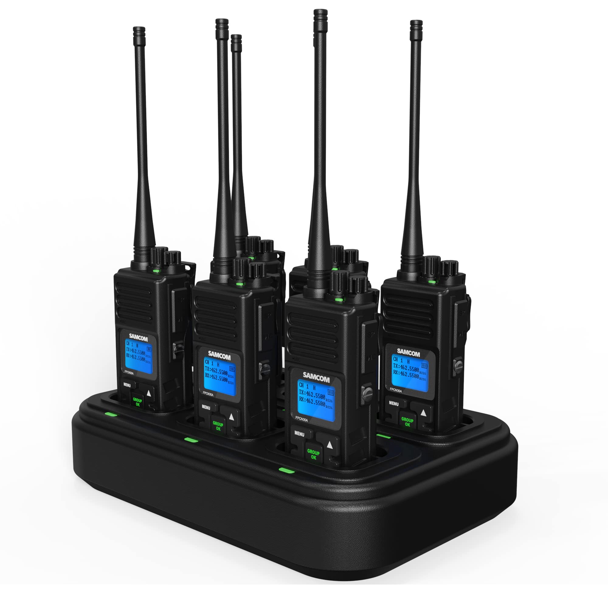 Samcom Two Way Radio Long Range Rechargeable, 5W 2 Way Radio High Power Walkie Talkie For Adults With Multi Unit Charger, Heavy Duty Programmable Uhf Radios (6 Pcs Radio + 6 Way Charger Gang)