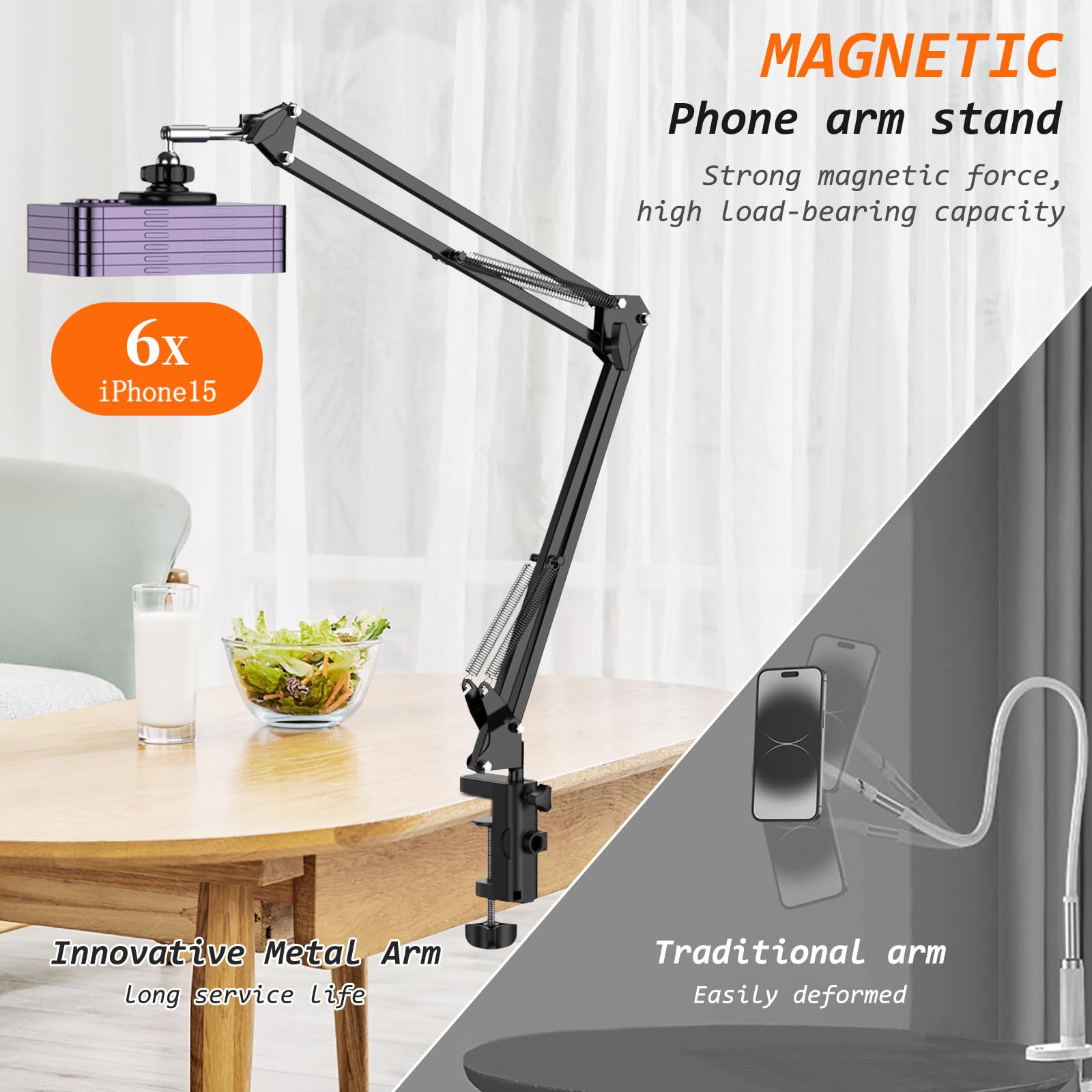 Vrig Magnetic Phone Holder Mount For Desk,Magsafe Flexible Overhead Phone Mount Stand,360 Free Adjustable Long Arm Cell Phone St